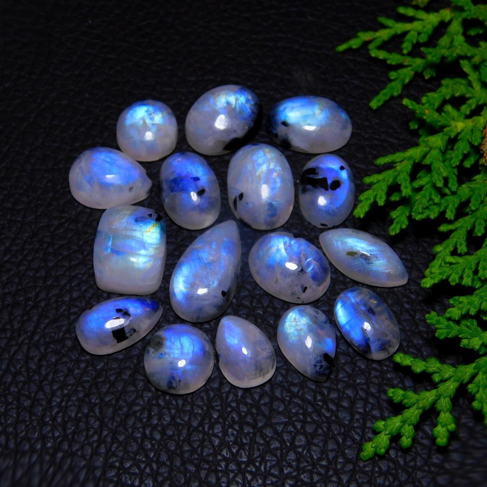 16Pcs 67Cts Natural Rainbow Moonstone Cabochon Blue Fire Loose Gemstone Crystal jewelry supplies wholesale lot gift for her 16X9- 9X9 mm # R-9387