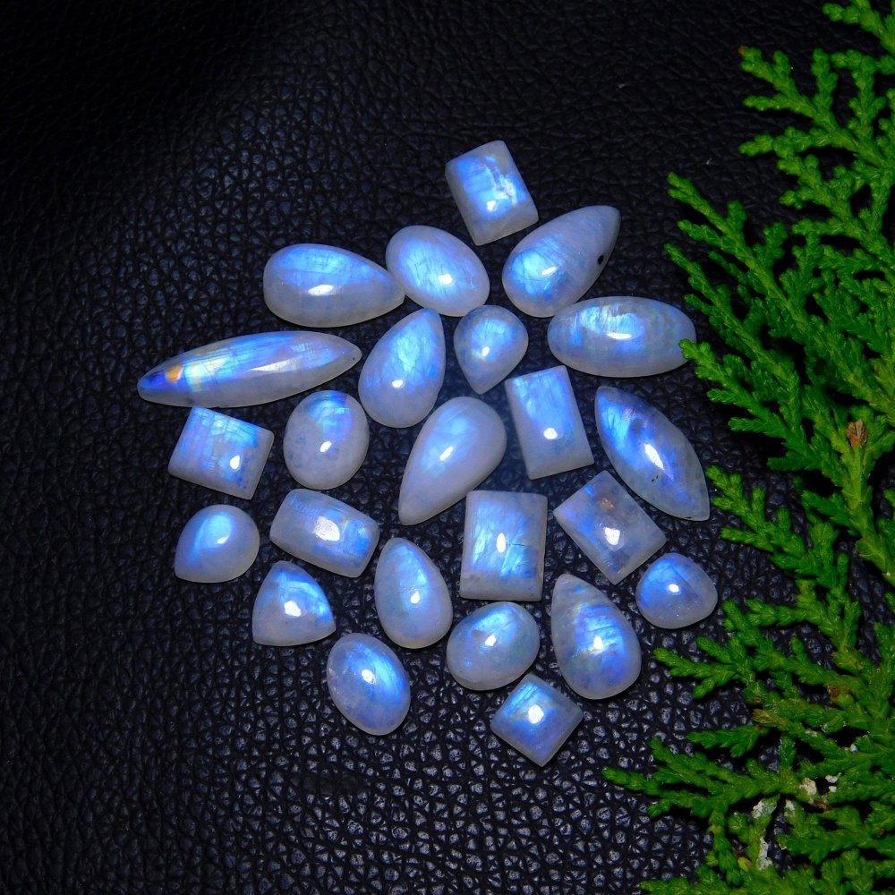24Pcs 117Cts Natural Rainbow Moonstone Cabochon Blue Fire Loose Gemstone Crystal jewelry supplies wholesale lot gift for her 25X7 10X8 mm # R-9391