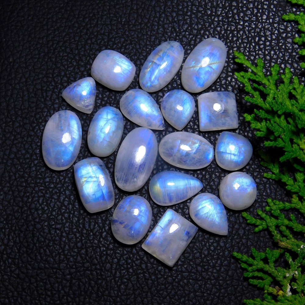 18Pcs 138Cts Natural Rainbow Moonstone Cabochon Blue Fire Loose Gemstone Crystal jewelry supplies wholesale lot gift for her 18X10 12X12 mm # R-9400
