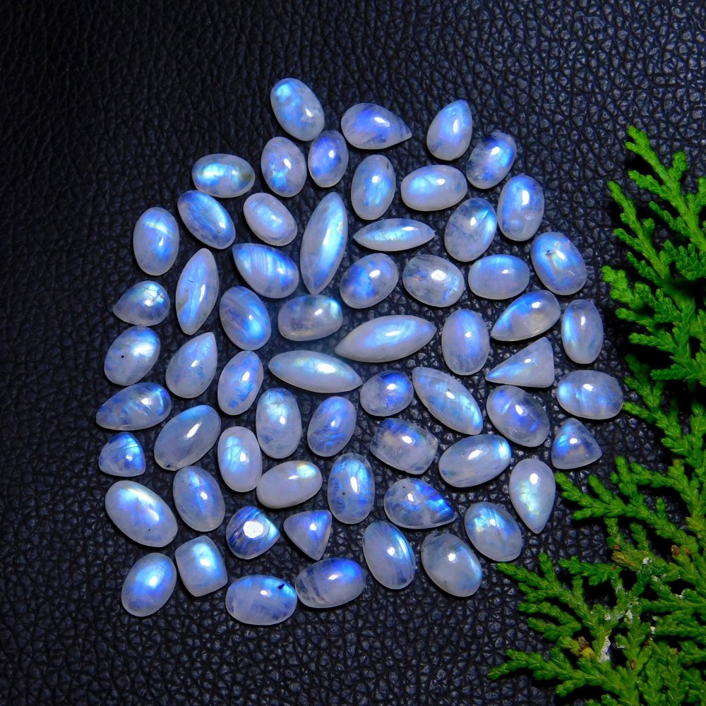 62Pcs 129Cts Natural Rainbow Moonstone Cabochon Blue Fire Loose Gemstone Crystal jewelry supplies wholesale lot gift for her 16X7 9X7 mm # R-9405