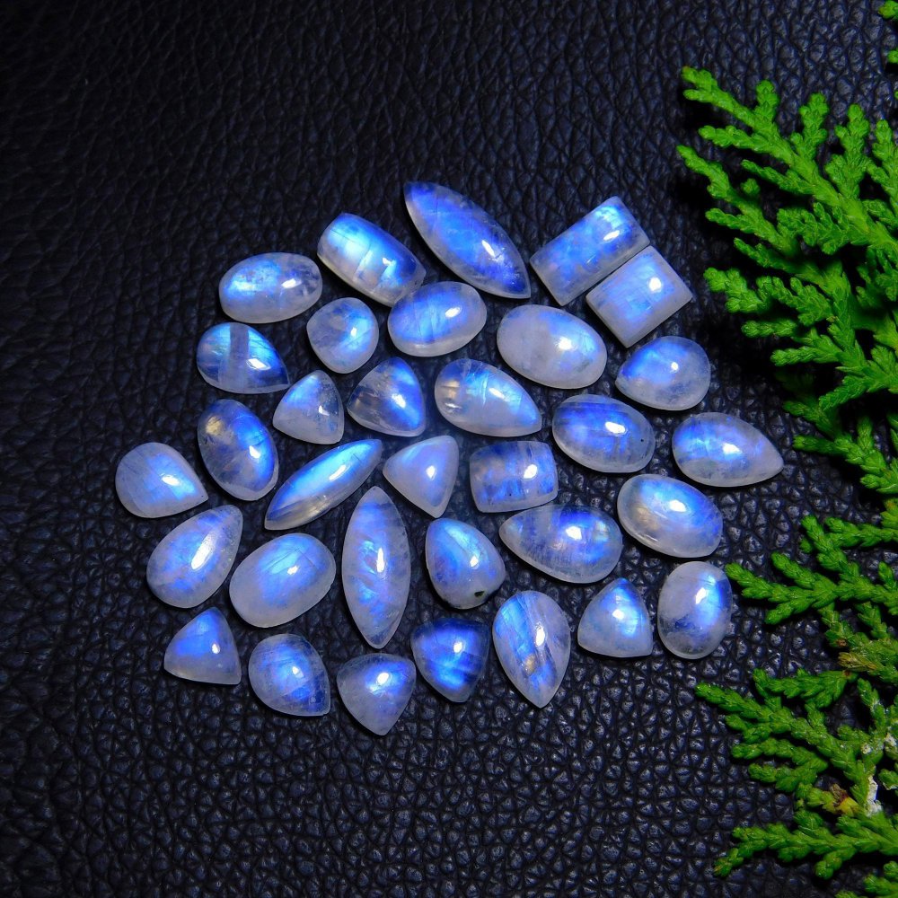 33Pcs 85Cts Natural Rainbow Moonstone Cabochon Blue Fire Loose Gemstone Crystal jewelry supplies wholesale lot gift for her 18X7 9X7 # R-9406