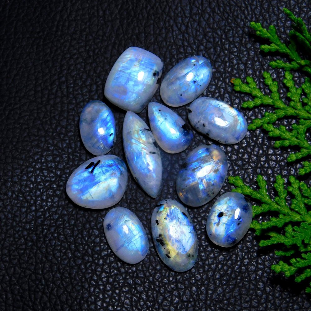 11Pcs 89Cts Natural Rainbow Moonstone Cabochon Blue Fire Loose Gemstone Crystal jewelry supplies wholesale lot gift for her 24X12 14X12 # R-9407