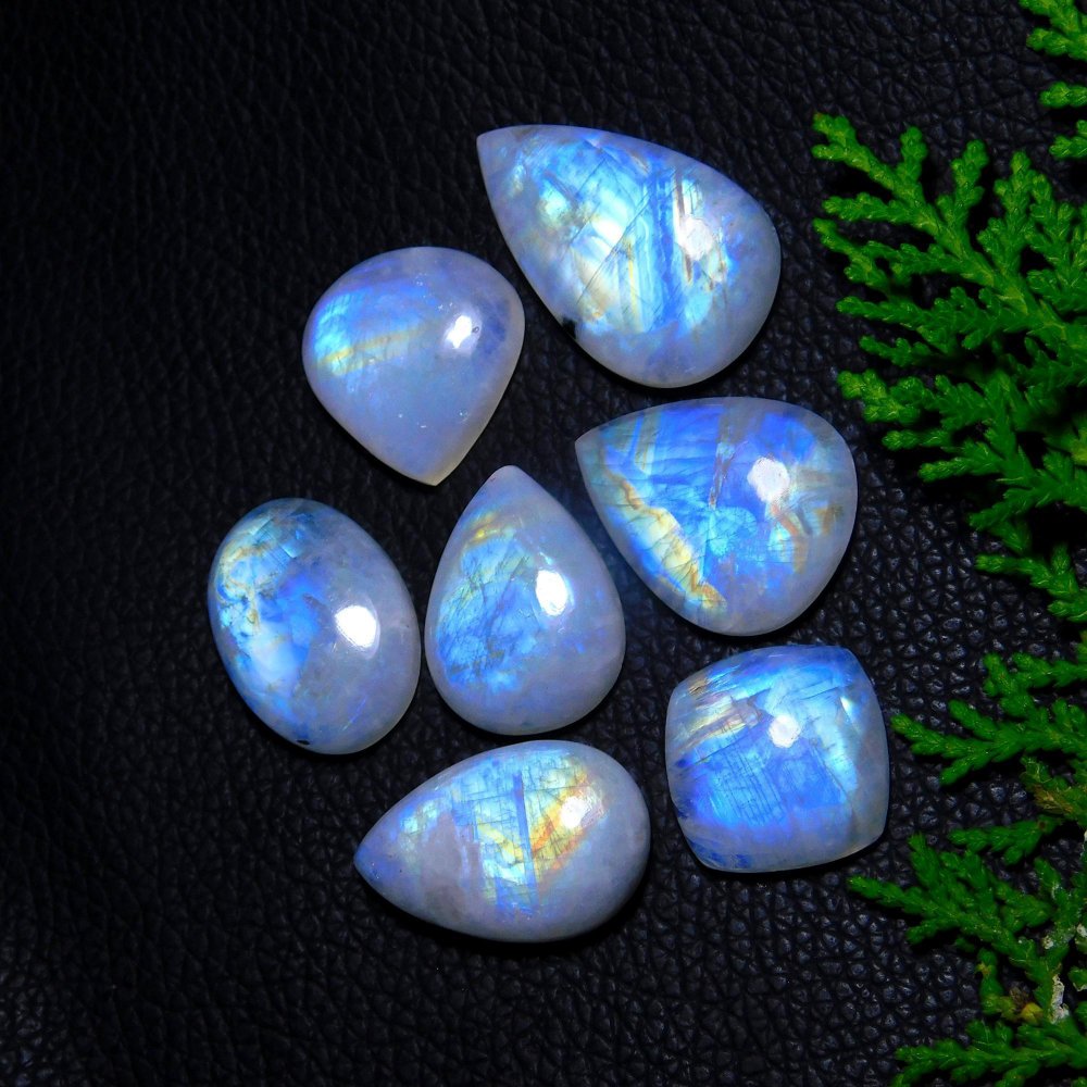 7Pcs 153Cts Natural Rainbow Moonstone Cabochon Blue Fire Loose Gemstone Crystal jewelry supplies wholesale lot gift for her 30X20 18X18 # R-9410