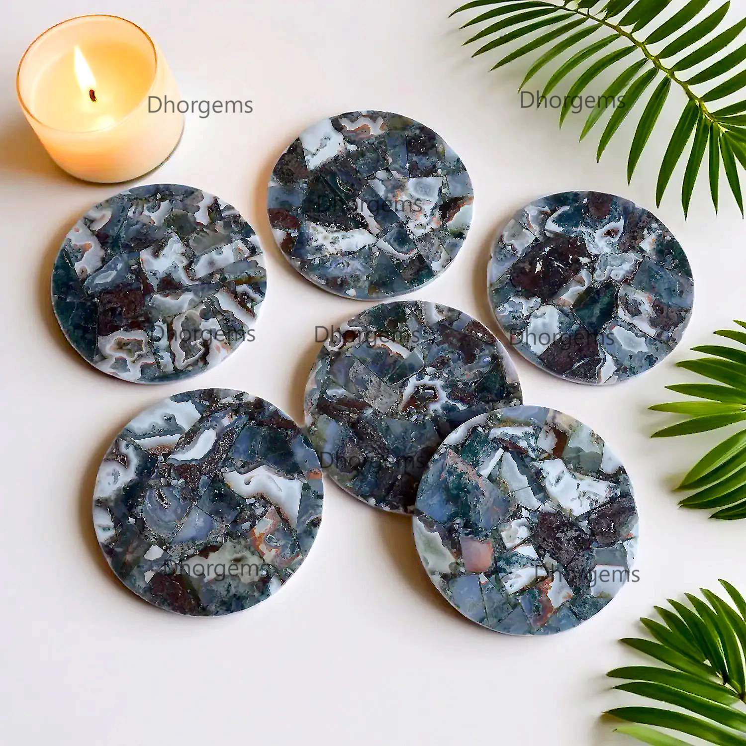 4 Green Moss Agate Round Coasters