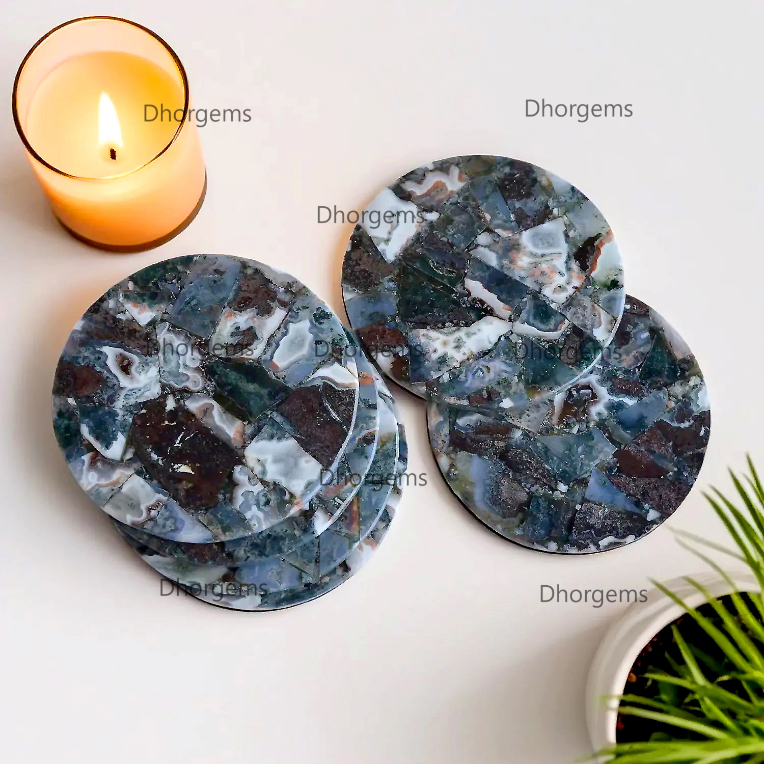 4 Green Moss Agate Round Coasters