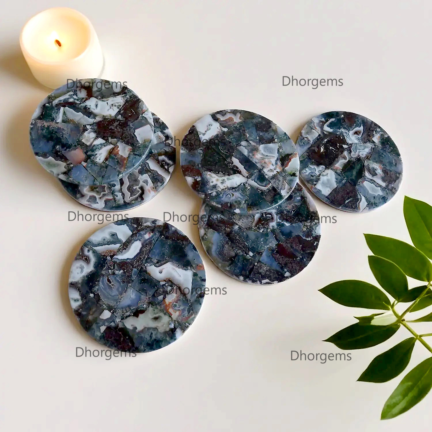 4 Green Moss Agate Round Coasters