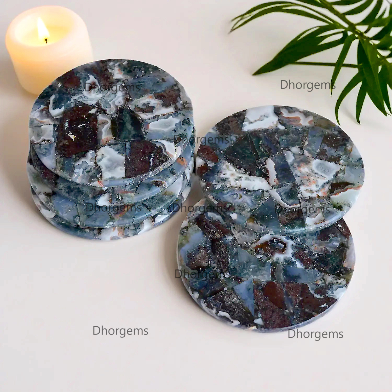 4 Green Moss Agate Round Coasters
