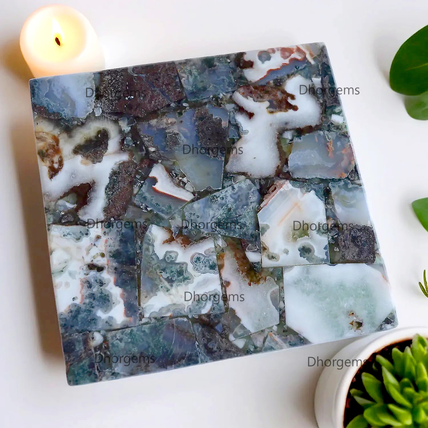 4 Green Moss Agate Square Coasters