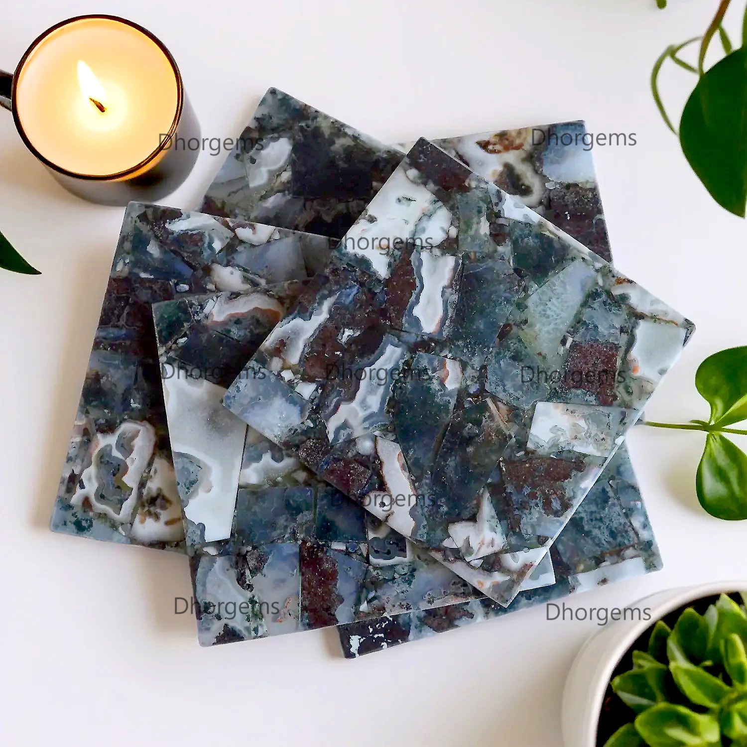4 Green Moss Agate Square Coasters