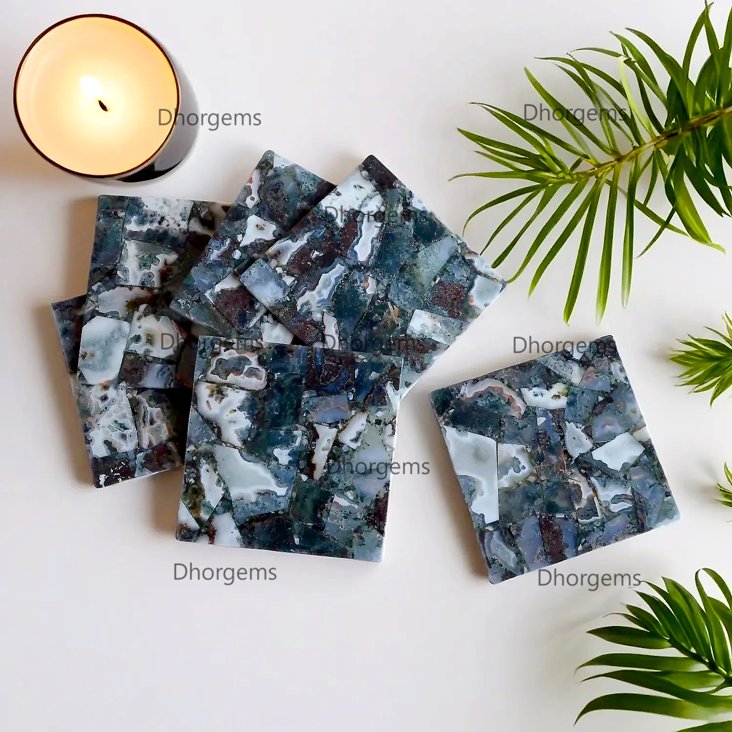 4 Green Moss Agate Square Coasters