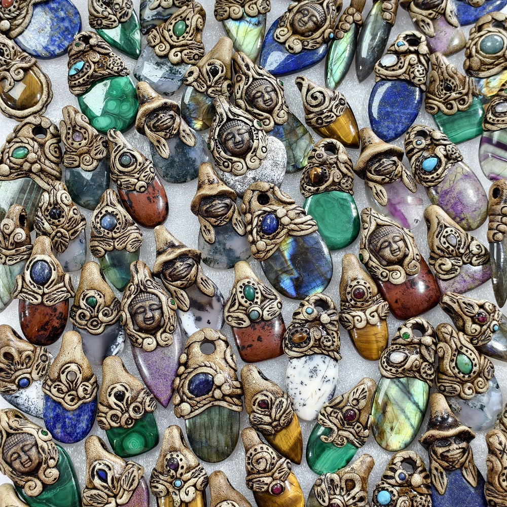 Natural Mixed Gemstone Polymer Clay Pendant 35x199x11mm 60x25x11mm Avg 90 Carat