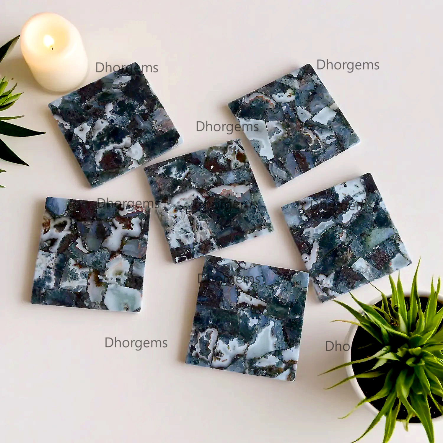 4 Green Moss Agate Square Coasters