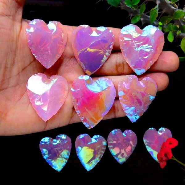 Aura Coated Rose Quartz Heart Carving