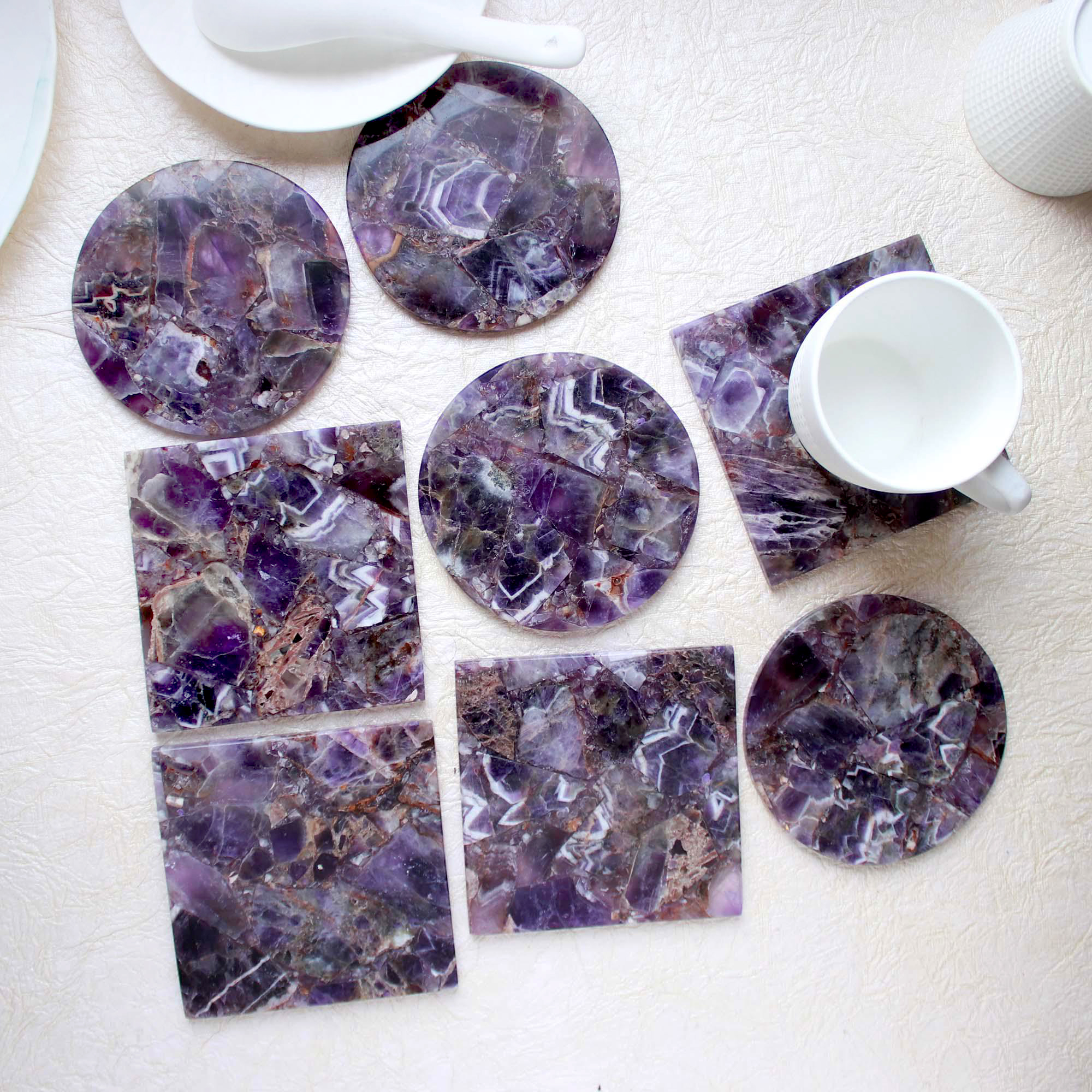 Natural Amethyst 4" Square And Round Coasters Set