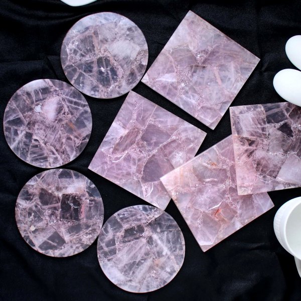 Natural Rose Quartz 4&quot; Square And Round Coasters Set