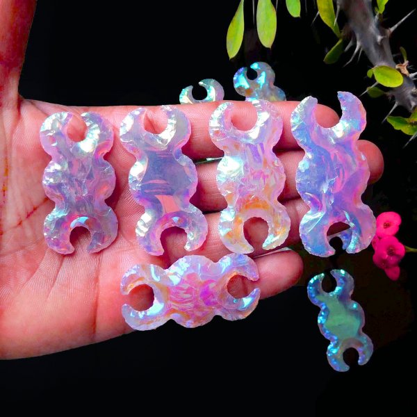 Aura Coated Rose Quartz Double Moon Carving