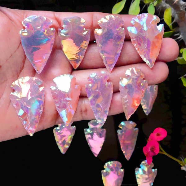 Aura Coated Rose Quartz Arrowhead Carving