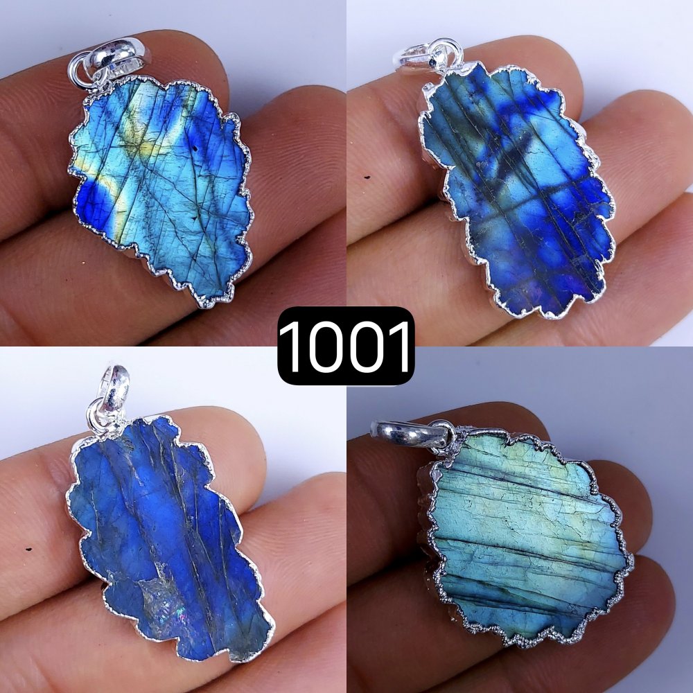 154Cts Natural Blue Labradorite Silver Electroplated Slice Pendant 32x18 22x12mm#1001