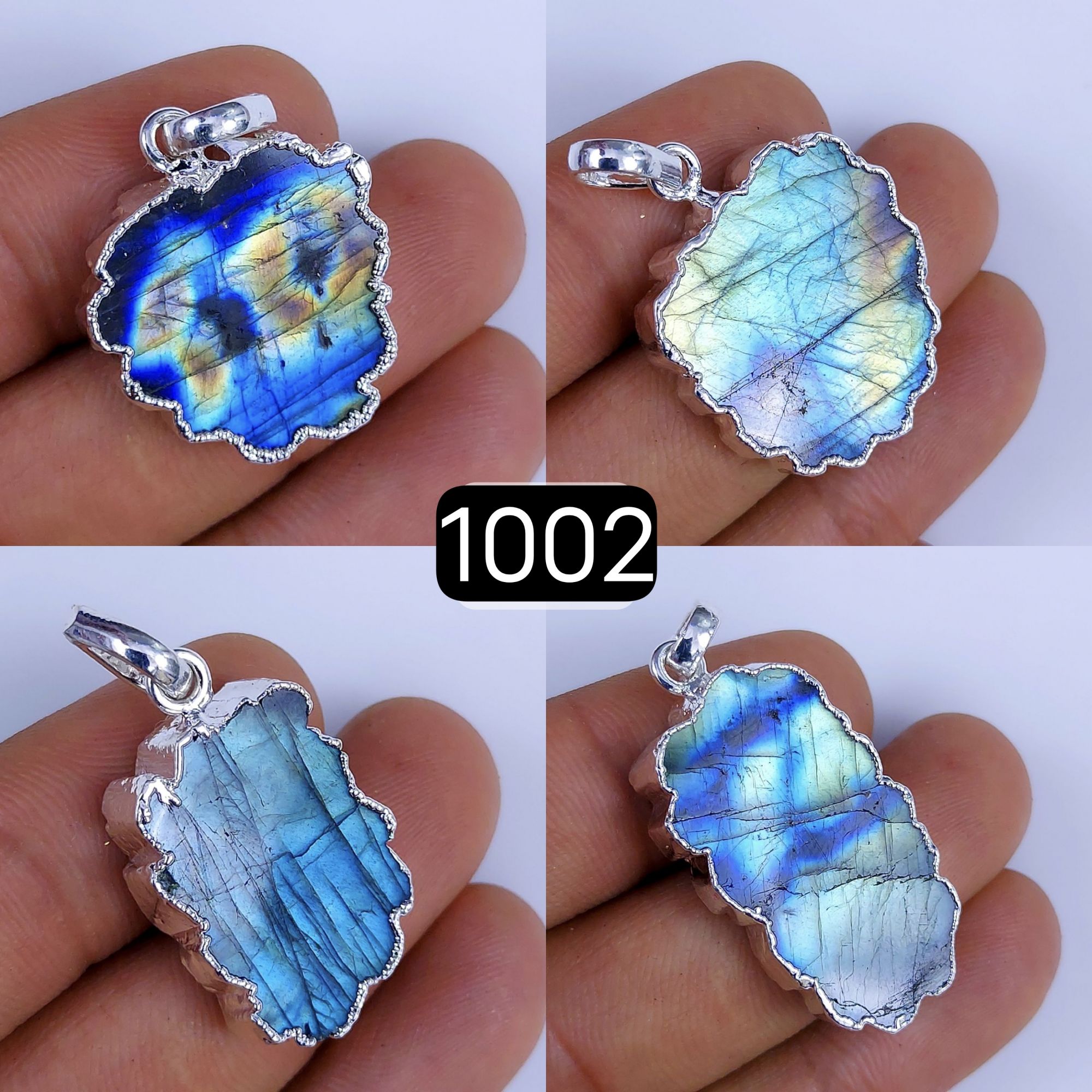 134Cts Natural Blue Labradorite Silver Electroplated Slice Pendant 32x18 22x12mm#1002