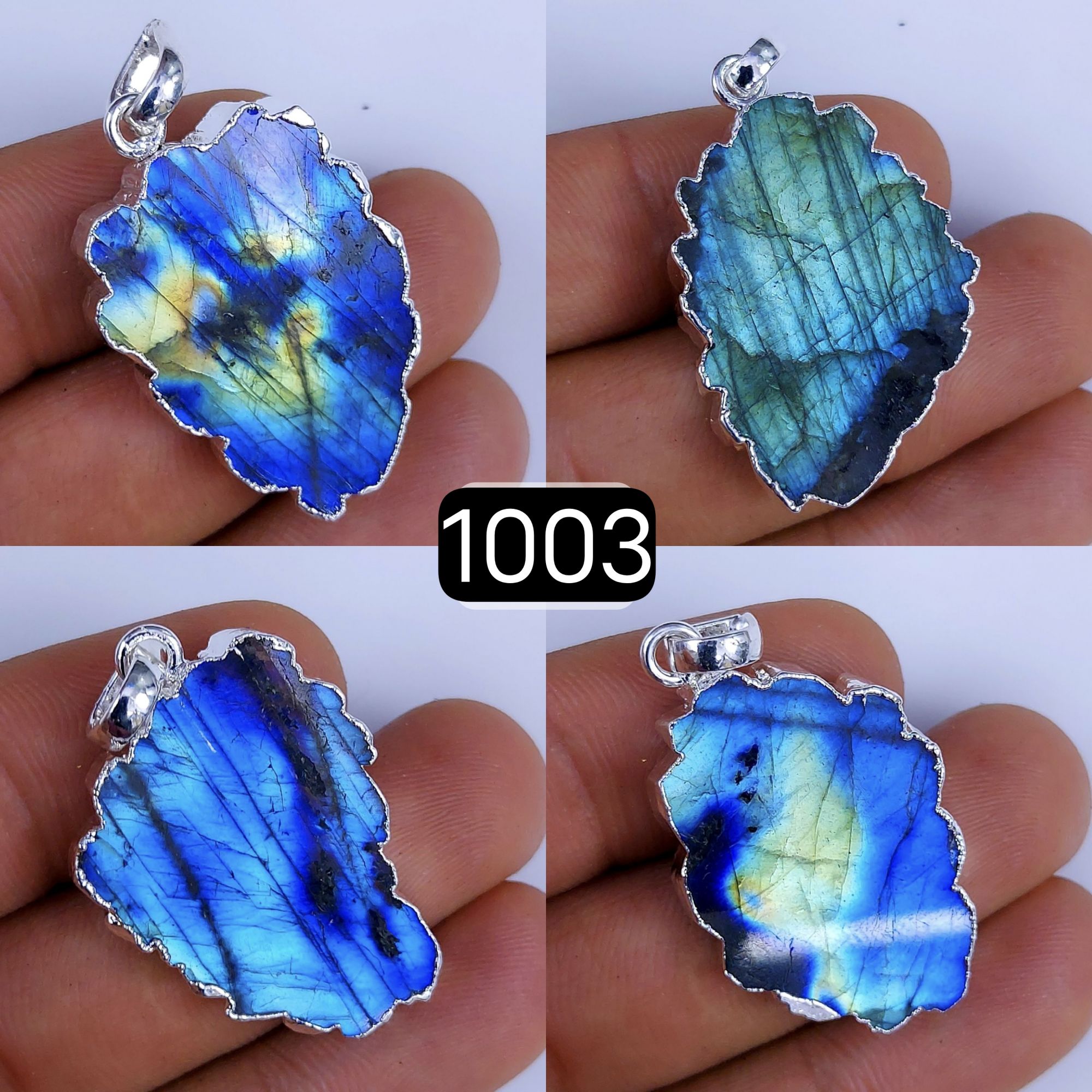 146Cts Natural Blue Labradorite Silver Electroplated Slice Pendant 32x18 22x12mm#1003