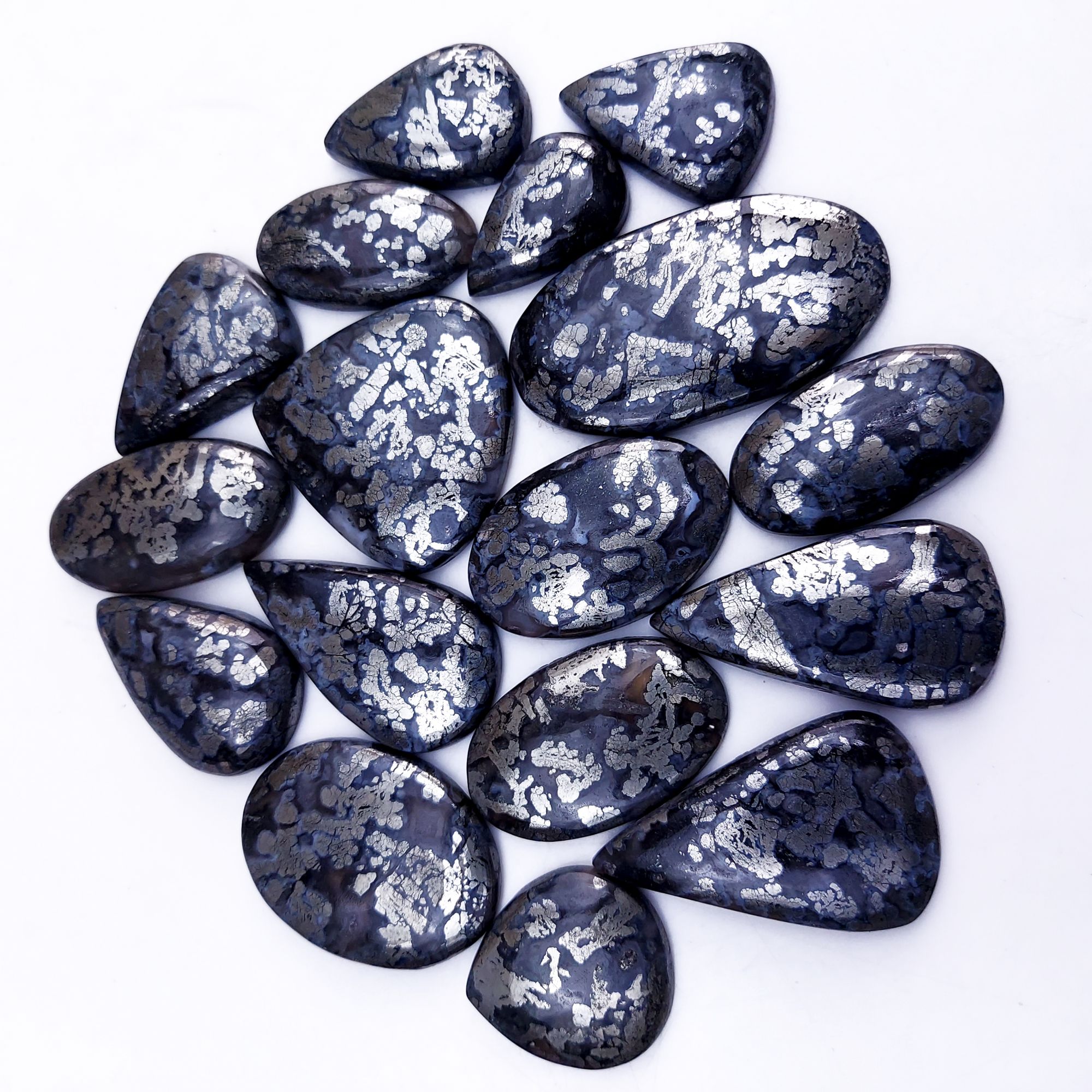 17Pcs 1030Cts Natural Marcasite Grey Cabochon Back Side Unpolished Gemstone Semi-Precious Gemstones For Jewelry Making 48x26 25x17mm #10032