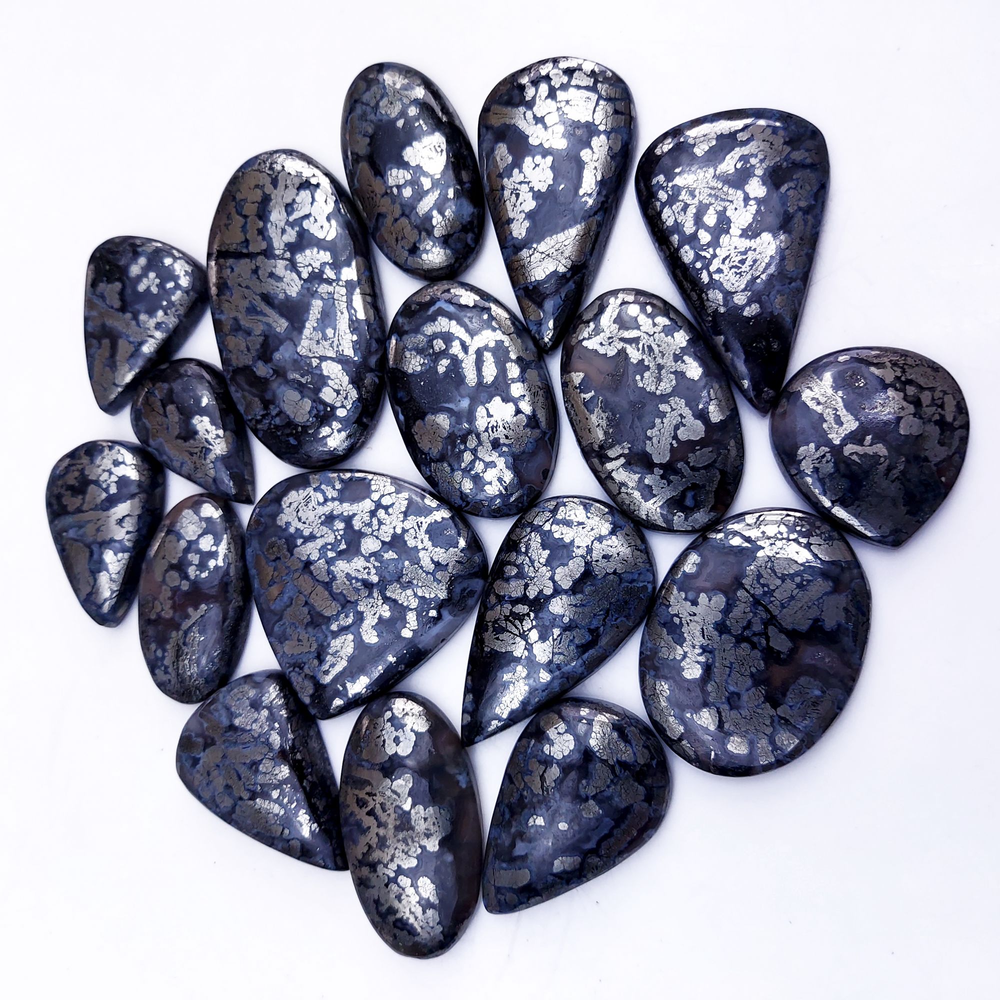 17Pcs 1030Cts Natural Marcasite Grey Cabochon Back Side Unpolished Gemstone Semi-Precious Gemstones For Jewelry Making 48x26 25x17mm #10032