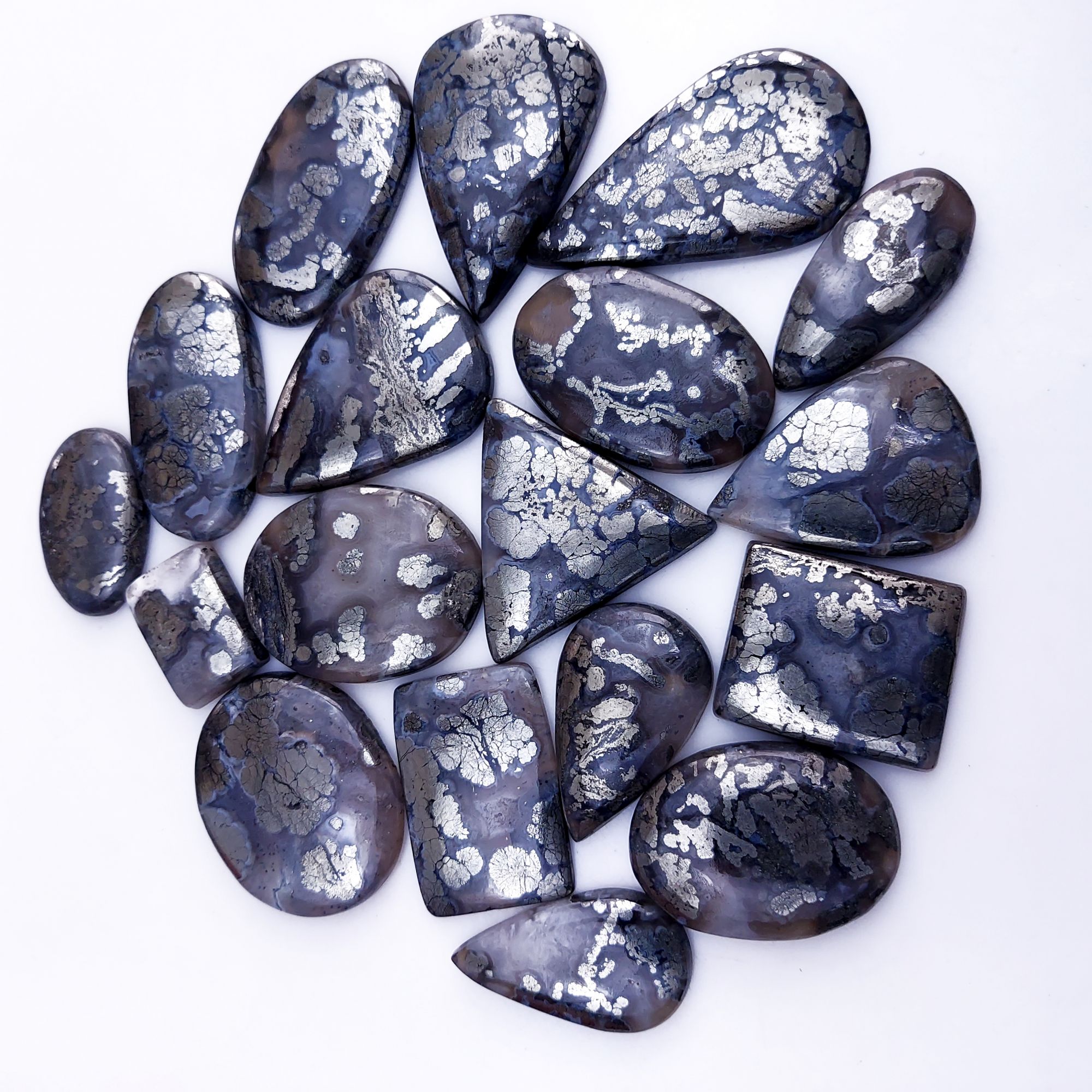 18Pcs 712Cts Natural Marcasite Grey Cabochon Back Side Unpolished Gemstone Semi-Precious Gemstones For Jewelry Making 45x25 20x14mm #10033