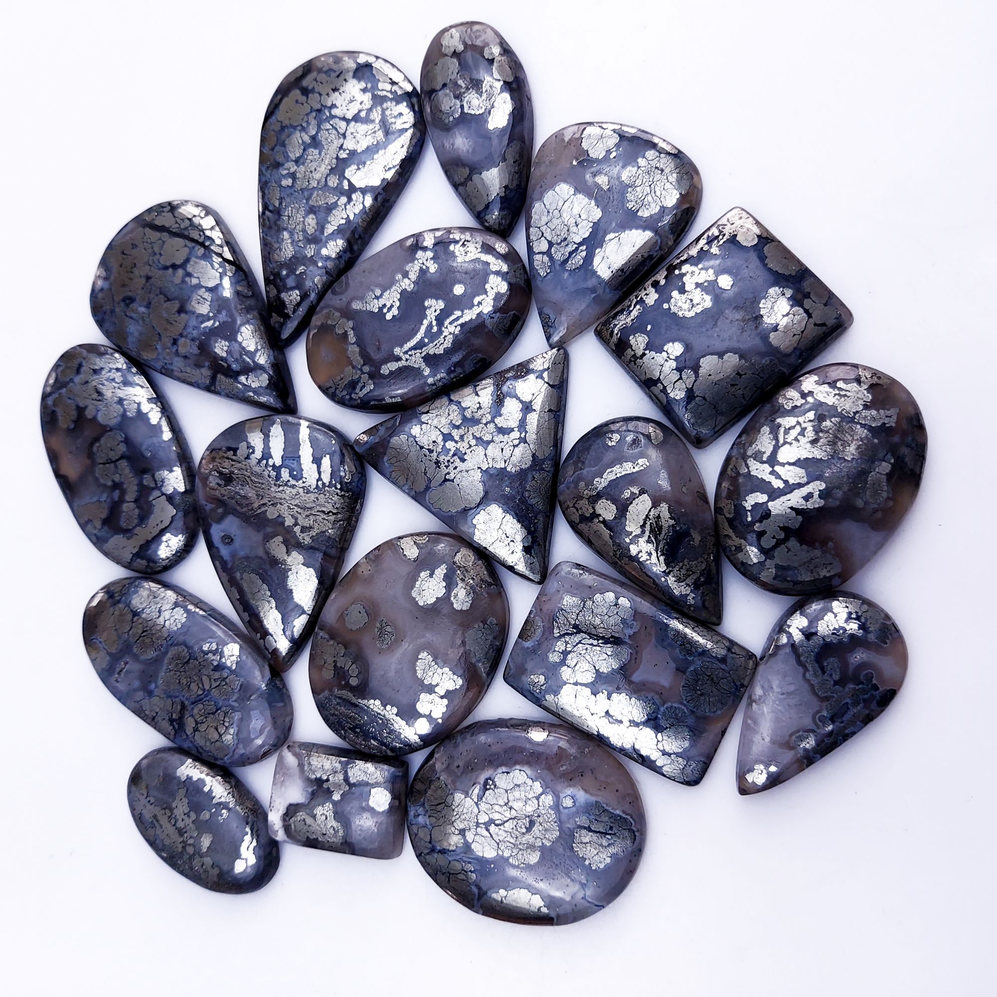 18Pcs 712Cts Natural Marcasite Grey Cabochon Back Side Unpolished Gemstone Semi-Precious Gemstones For Jewelry Making 45x25 20x14mm #10033