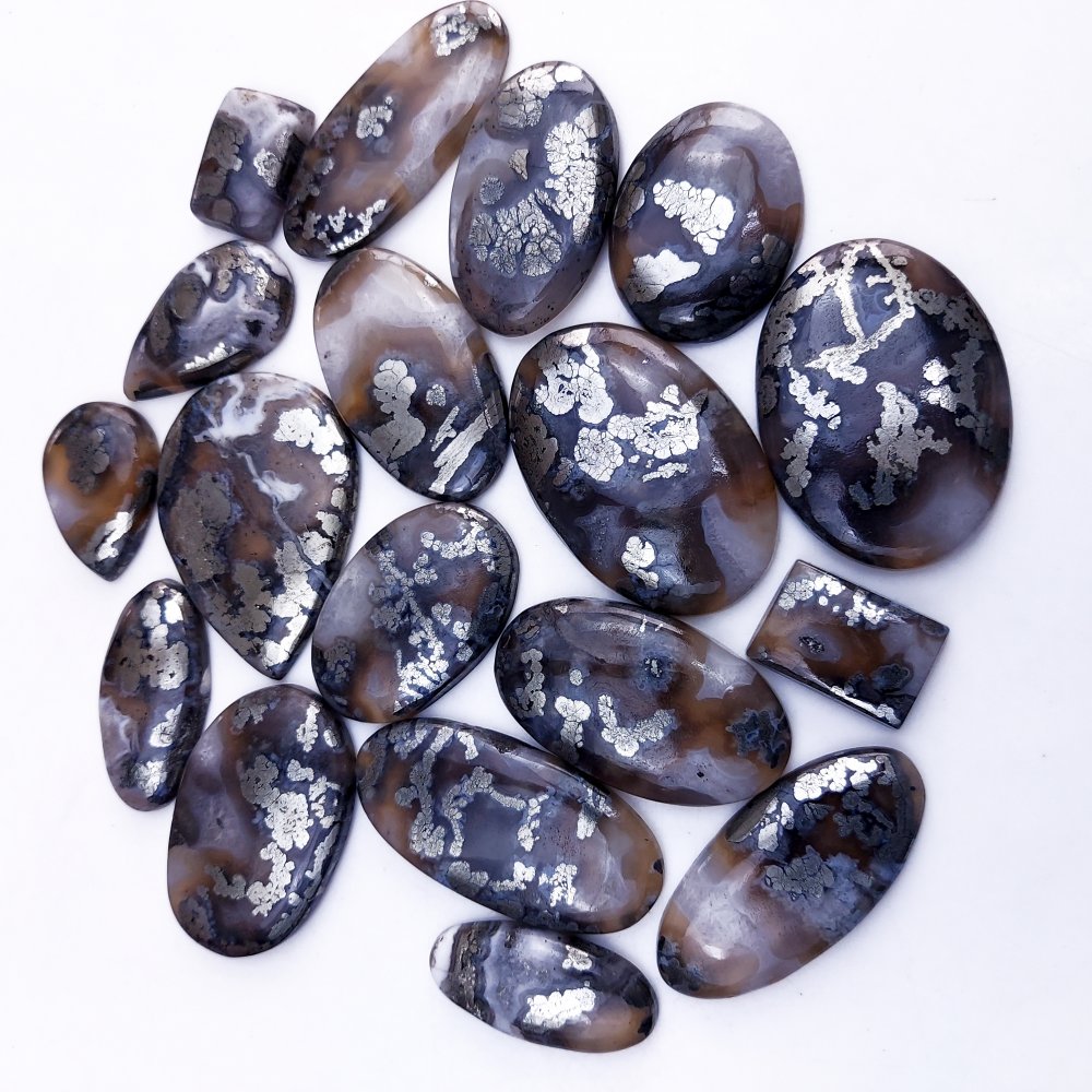 18Pcs 674Cts Natural Marcasite Grey Cabochon Back Side Unpolished Gemstone Semi-Precious Gemstones For Jewelry Making 42x20 20x14mm #10034