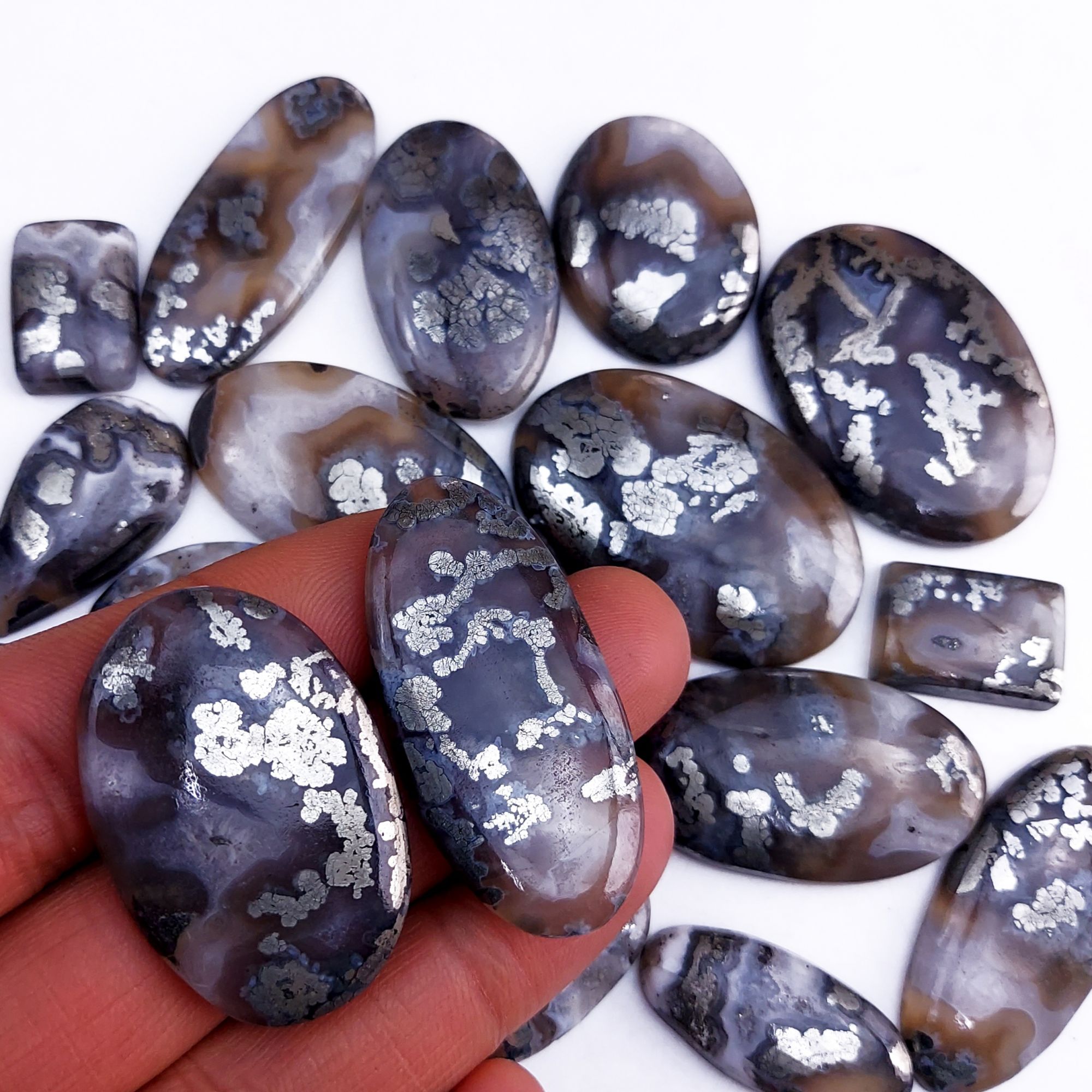 18Pcs 674Cts Natural Marcasite Grey Cabochon Back Side Unpolished Gemstone Semi-Precious Gemstones For Jewelry Making 42x20 20x14mm #10034