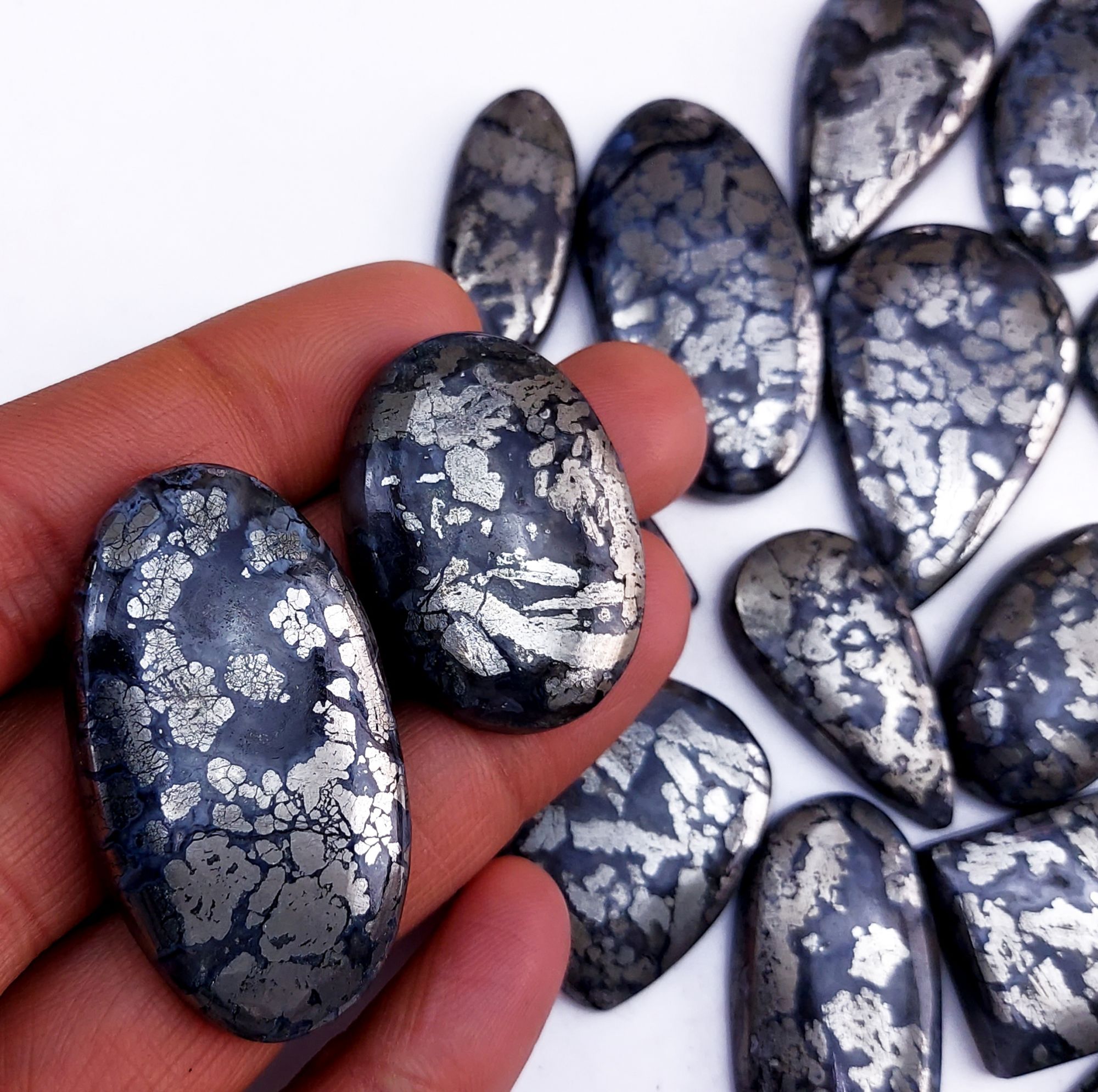 18Pcs 888Cts Natural Marcasite Grey Cabochon Back Side Unpolished Gemstone Semi-Precious Gemstones For Jewelry Making 45x25 28x20 mm #10036