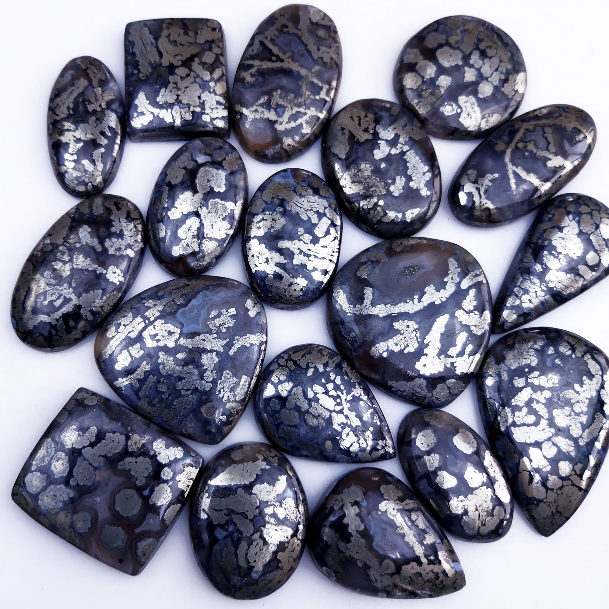 18Pcs 950Cts Natural Marcasite Grey Cabochon Back Side Unpolished Gemstone Semi-Precious Gemstones For Jewelry Making 40x30 30x20mm #10037