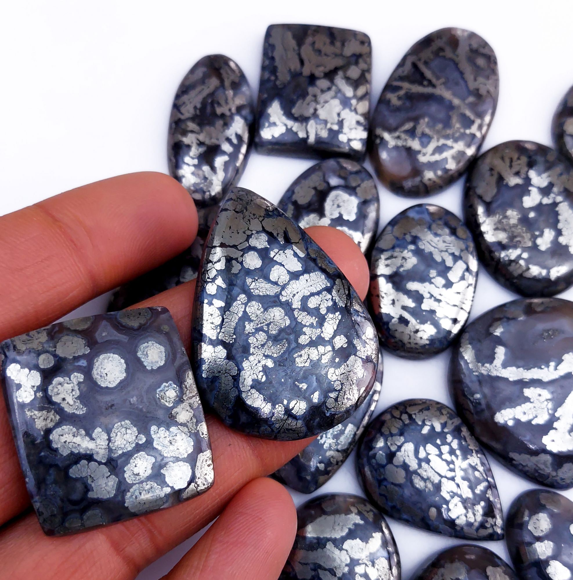 18Pcs 950Cts Natural Marcasite Grey Cabochon Back Side Unpolished Gemstone Semi-Precious Gemstones For Jewelry Making 40x30 30x20mm #10037