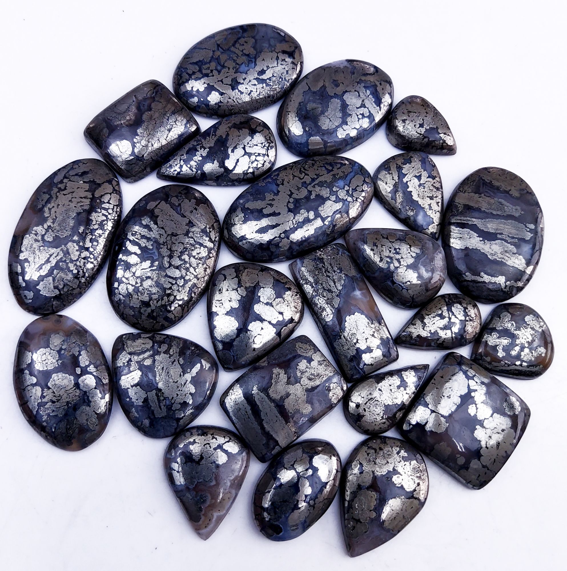 23Pcs 718Cts Natural Marcasite Grey Cabochon Back Side Unpolished Gemstone Semi-Precious Gemstones For Jewelry Making 38x20 18x14mm #10038