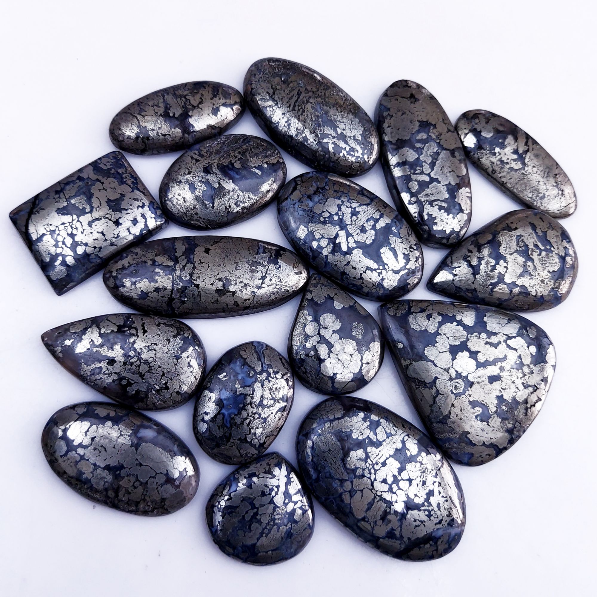 16Pcs 761Cts Natural Marcasite Grey Cabochon Back Side Unpolished Gemstone Semi-Precious Gemstones For Jewelry Making 40x35 22x22mm #10039