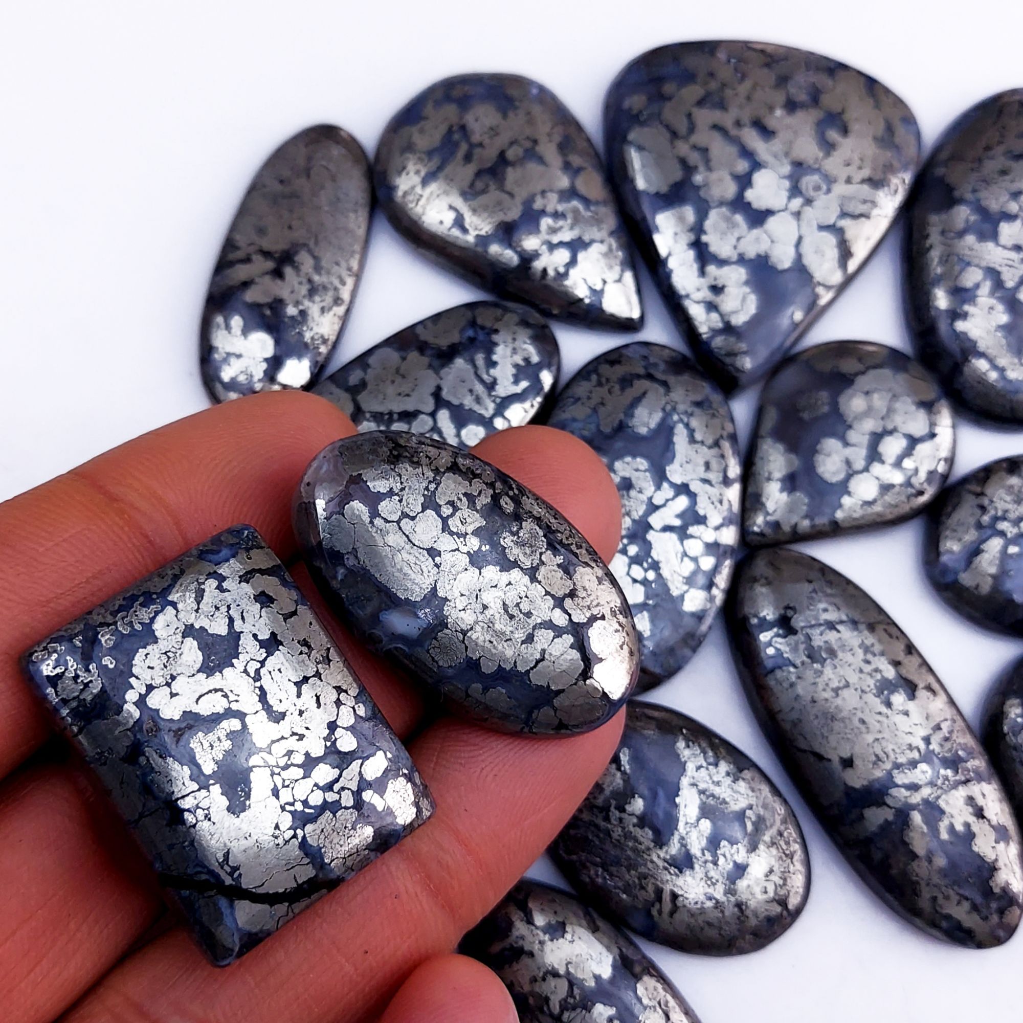 16Pcs 761Cts Natural Marcasite Grey Cabochon Back Side Unpolished Gemstone Semi-Precious Gemstones For Jewelry Making 40x35 22x22mm #10039