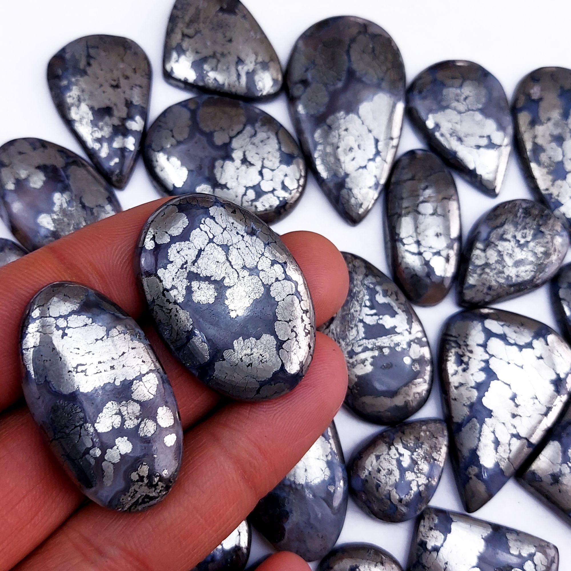 23Pcs 927Cts Natural Marcasite Grey Cabochon Back Side Unpolished Gemstone Semi-Precious Gemstones For Jewelry Making 44x24 20x16mm #10040