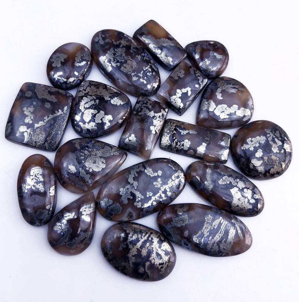 18Pcs 637Cts Natural Marcasite Grey Cabochon Back Side Unpolished Gemstone Semi-Precious Gemstones For Jewelry Making 40x20 20x18mm #10041