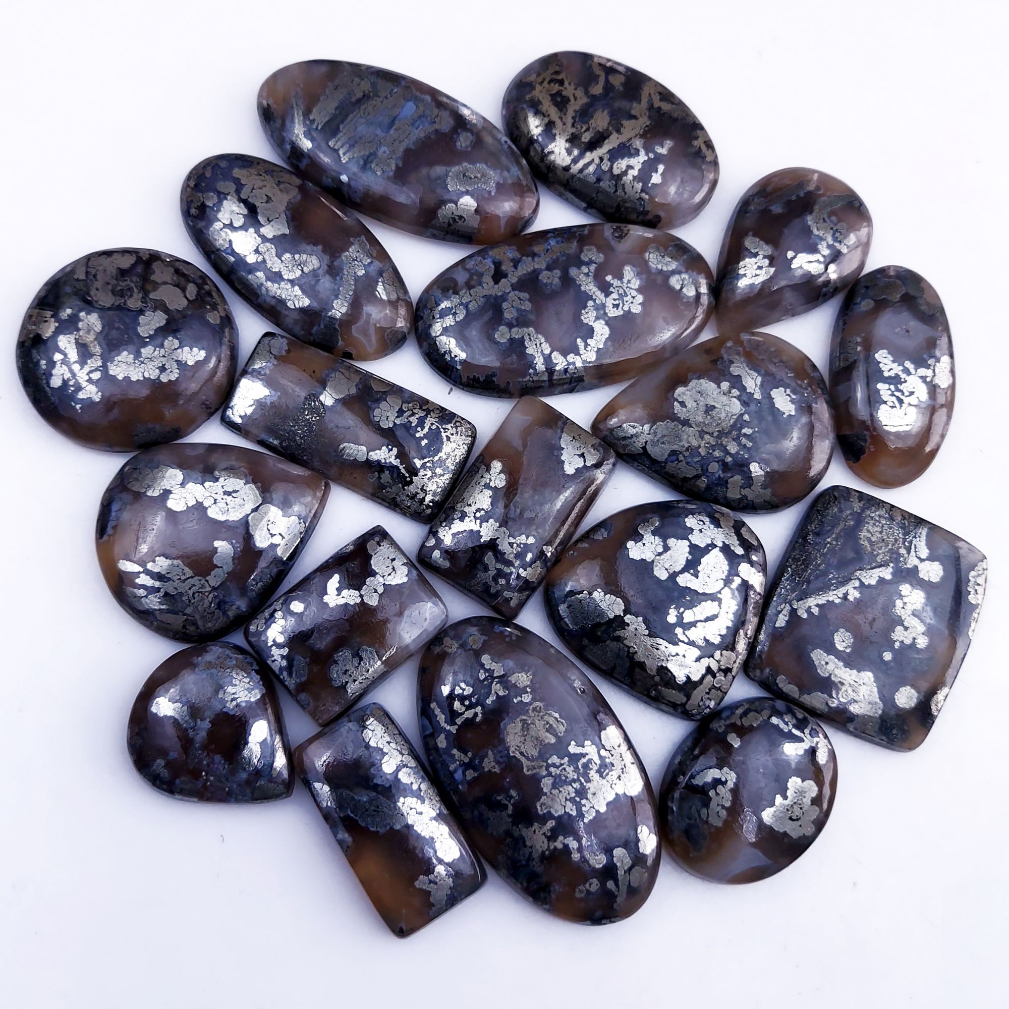 18Pcs 637Cts Natural Marcasite Grey Cabochon Back Side Unpolished Gemstone Semi-Precious Gemstones For Jewelry Making 40x20 20x18mm #10041