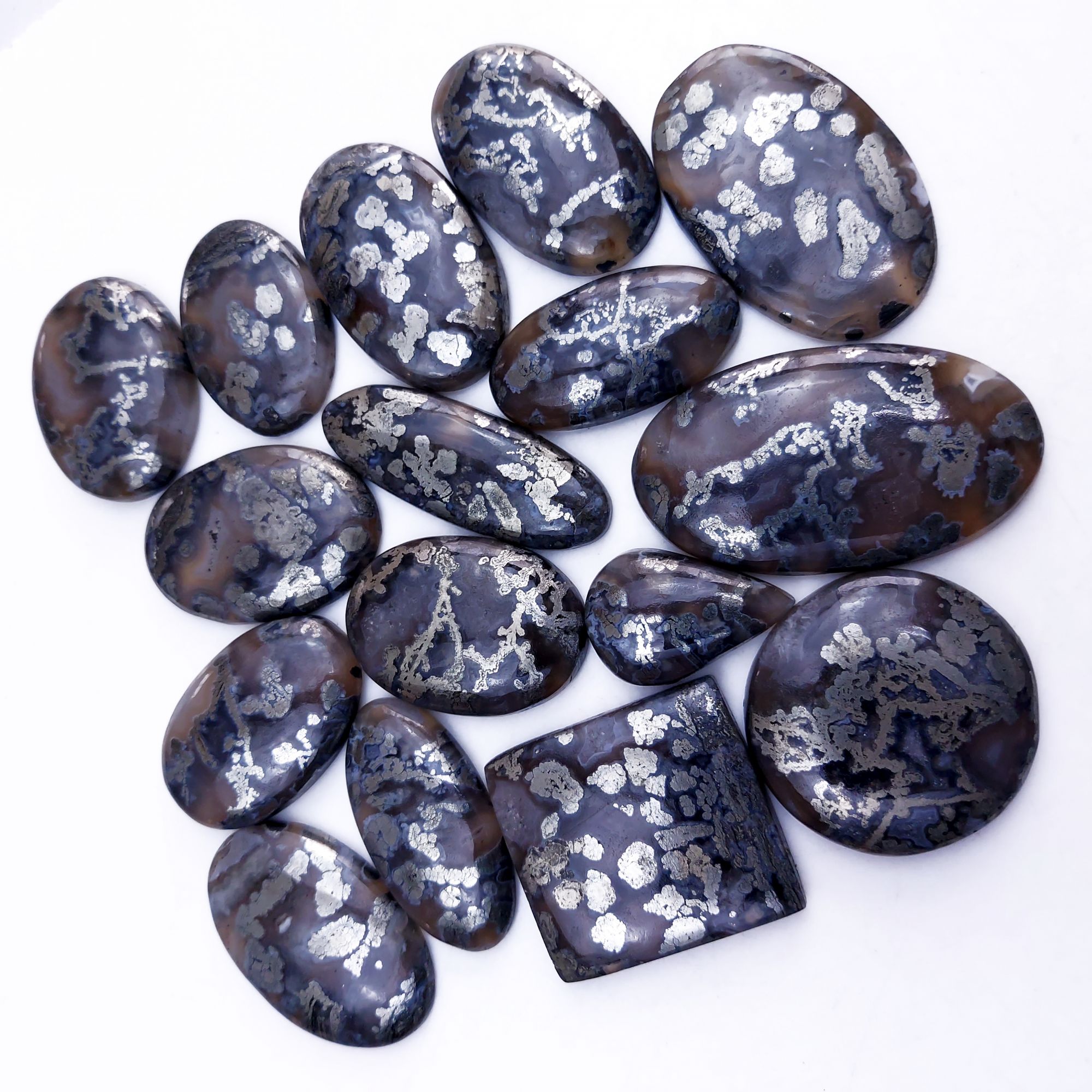 16Pcs 807Cts Natural Marcasite Grey Cabochon Back Side Unpolished Gemstone Semi-Precious Gemstones For Jewelry Making 50x28 25x17mm #10042