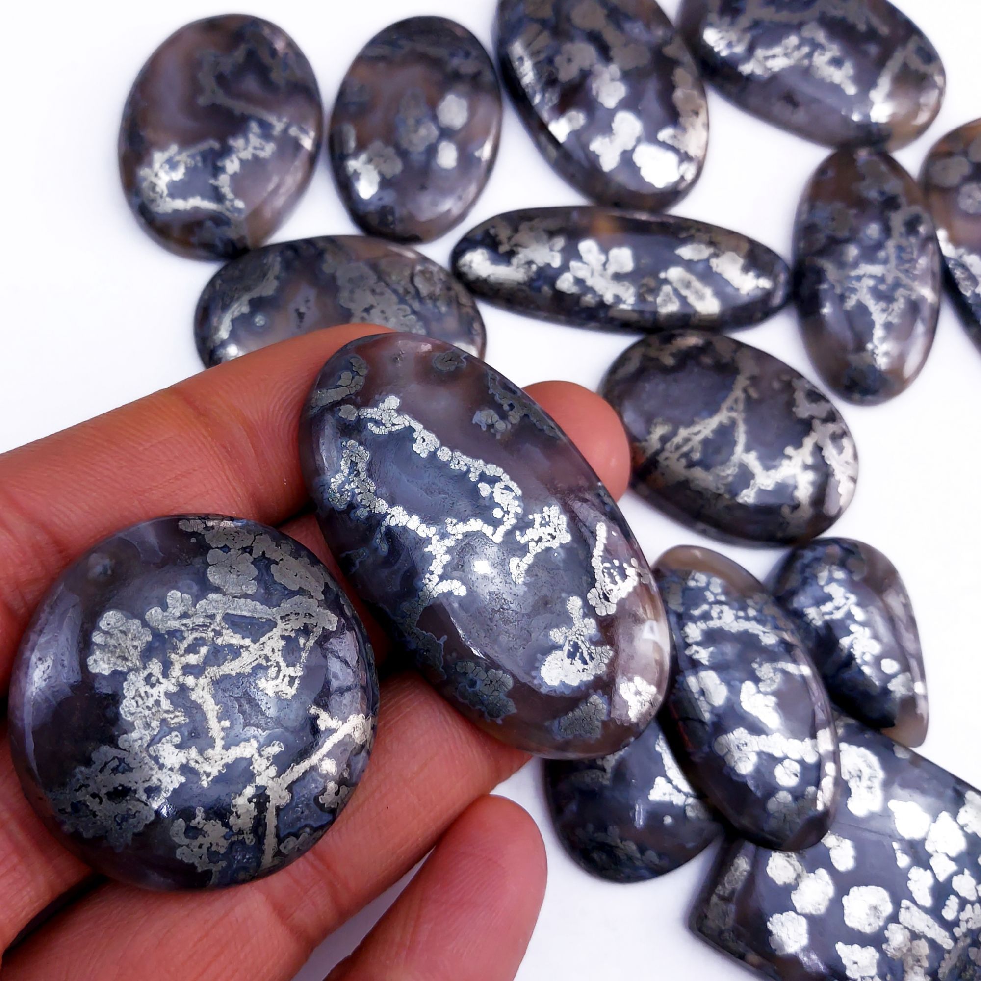 16Pcs 807Cts Natural Marcasite Grey Cabochon Back Side Unpolished Gemstone Semi-Precious Gemstones For Jewelry Making 50x28 25x17mm #10042