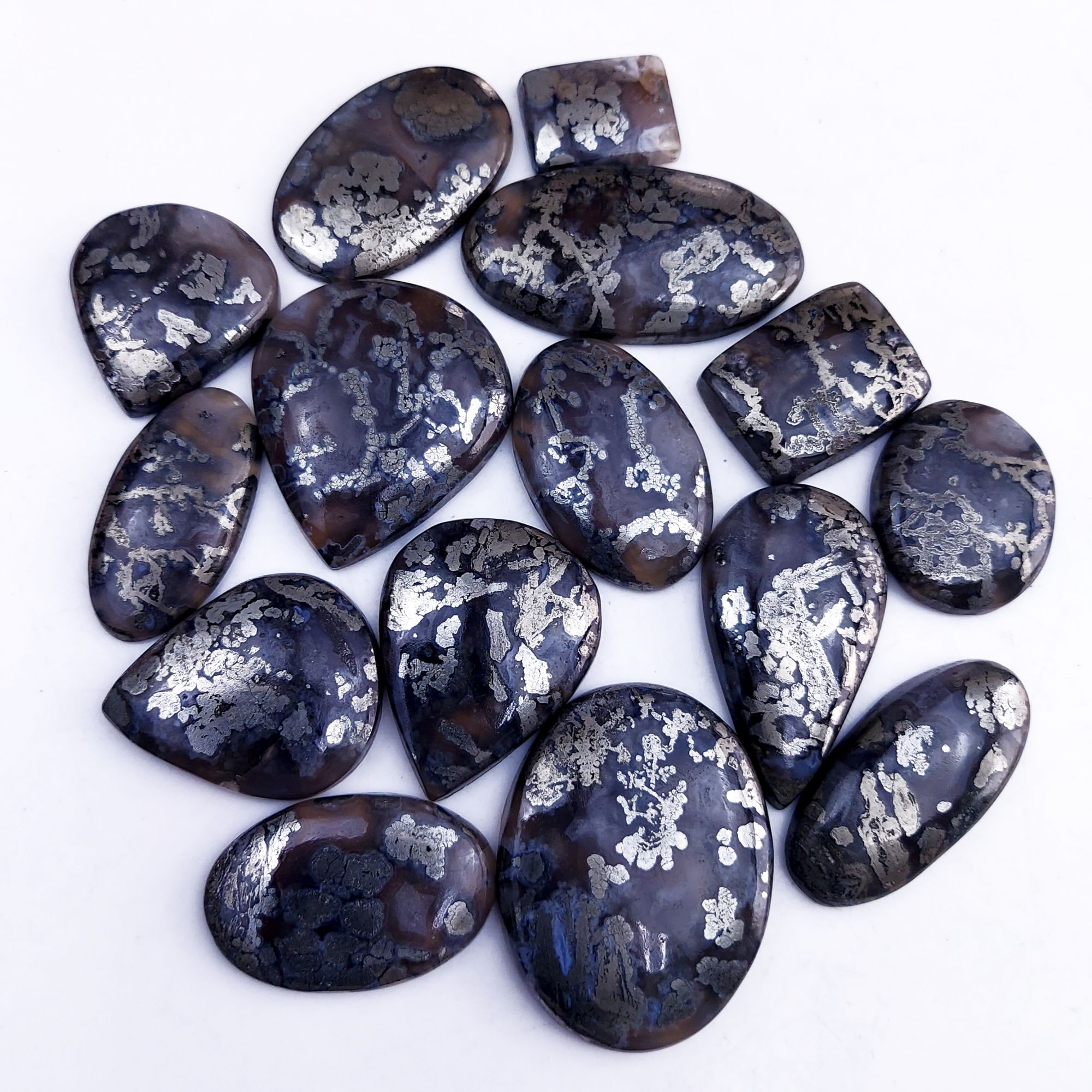 15Pcs 714Cts Natural Marcasite Grey Cabochon Back Side Unpolished Gemstone Semi-Precious Gemstones For Jewelry Making 44x24 20x15mm #10044