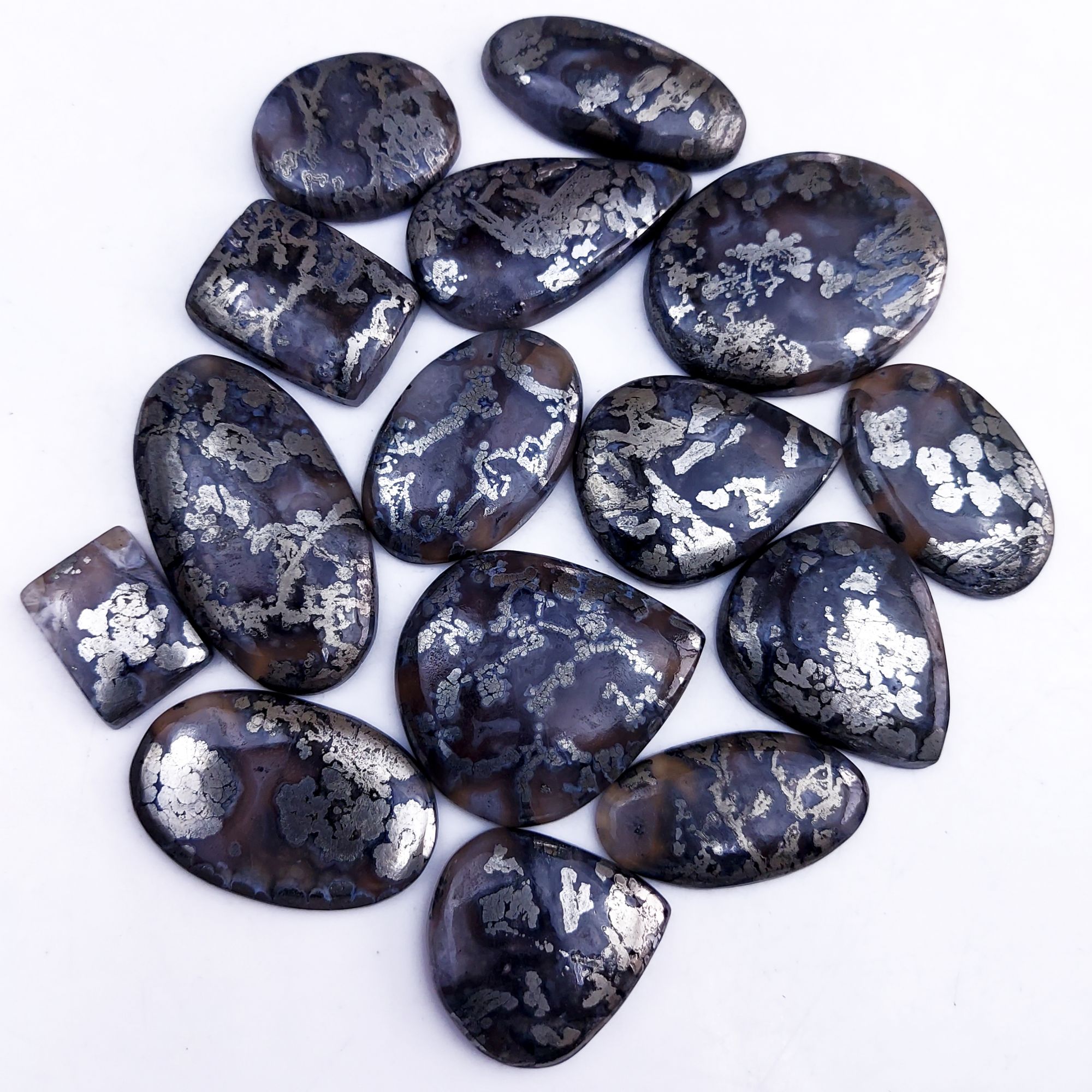 15Pcs 714Cts Natural Marcasite Grey Cabochon Back Side Unpolished Gemstone Semi-Precious Gemstones For Jewelry Making 44x24 20x15mm #10044