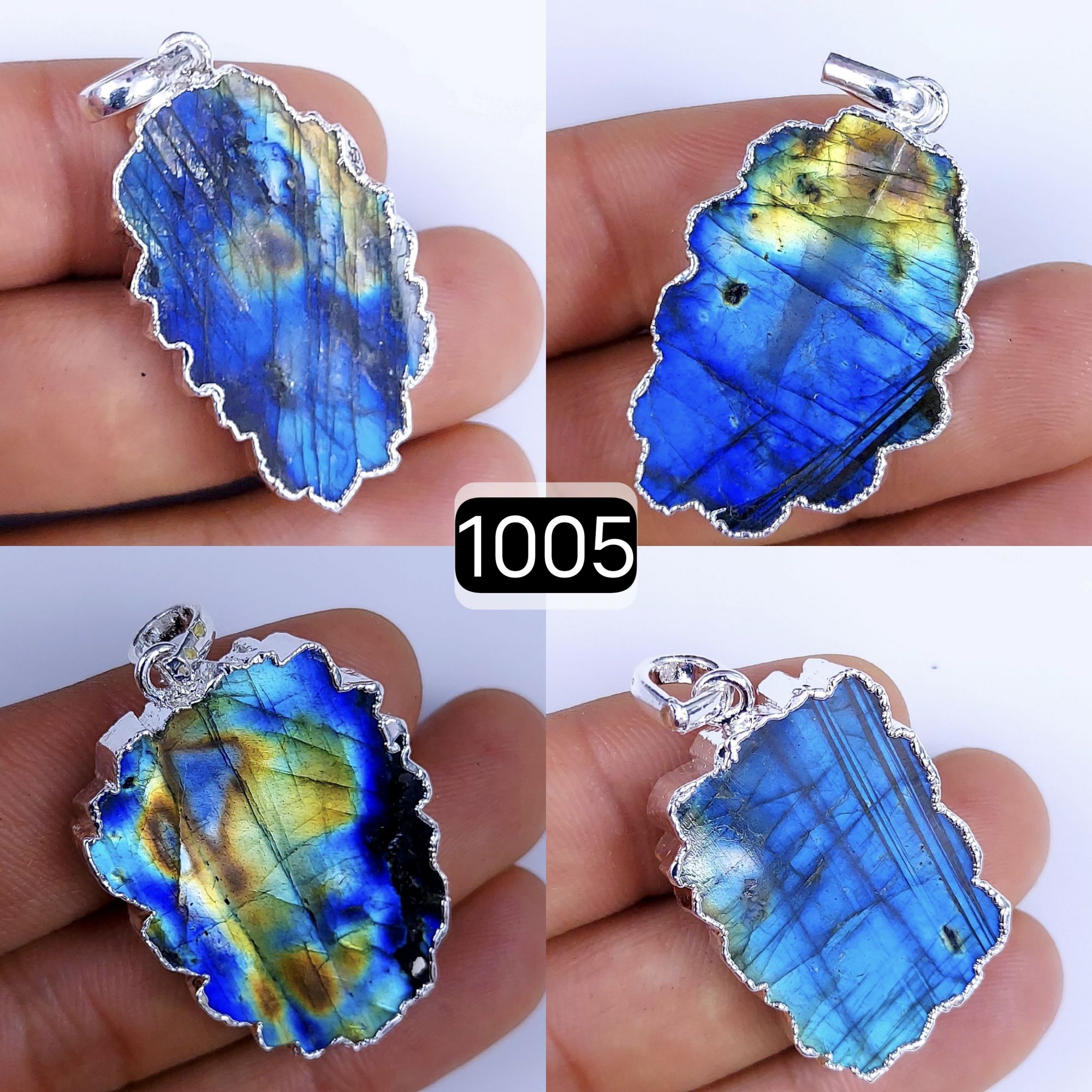 183Cts Natural Blue Labradorite Silver Electroplated Slice Pendant 32x18 22x12mm#1005