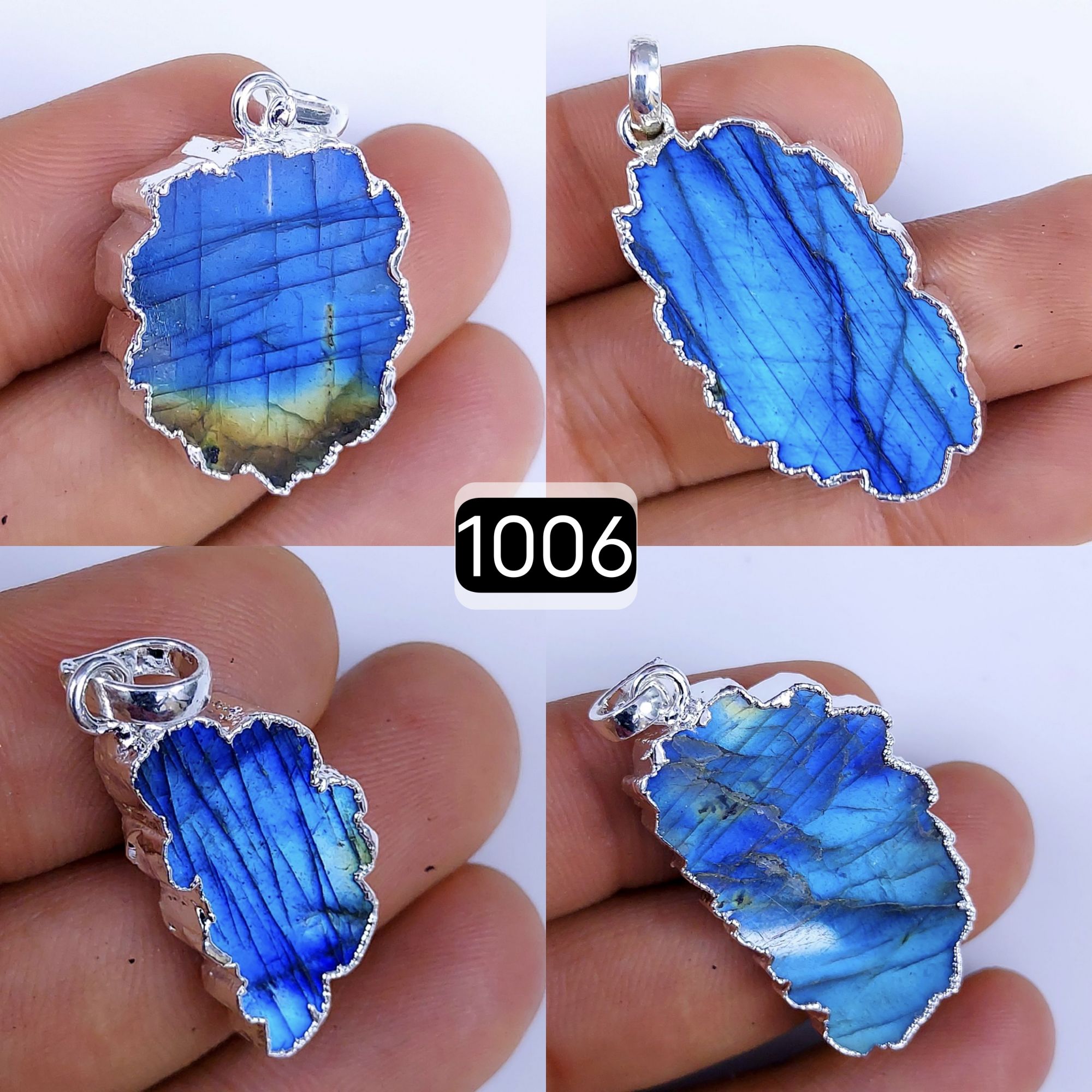140Cts Natural Blue Labradorite Silver Electroplated Slice Pendant 32x18 22x12mm#1006