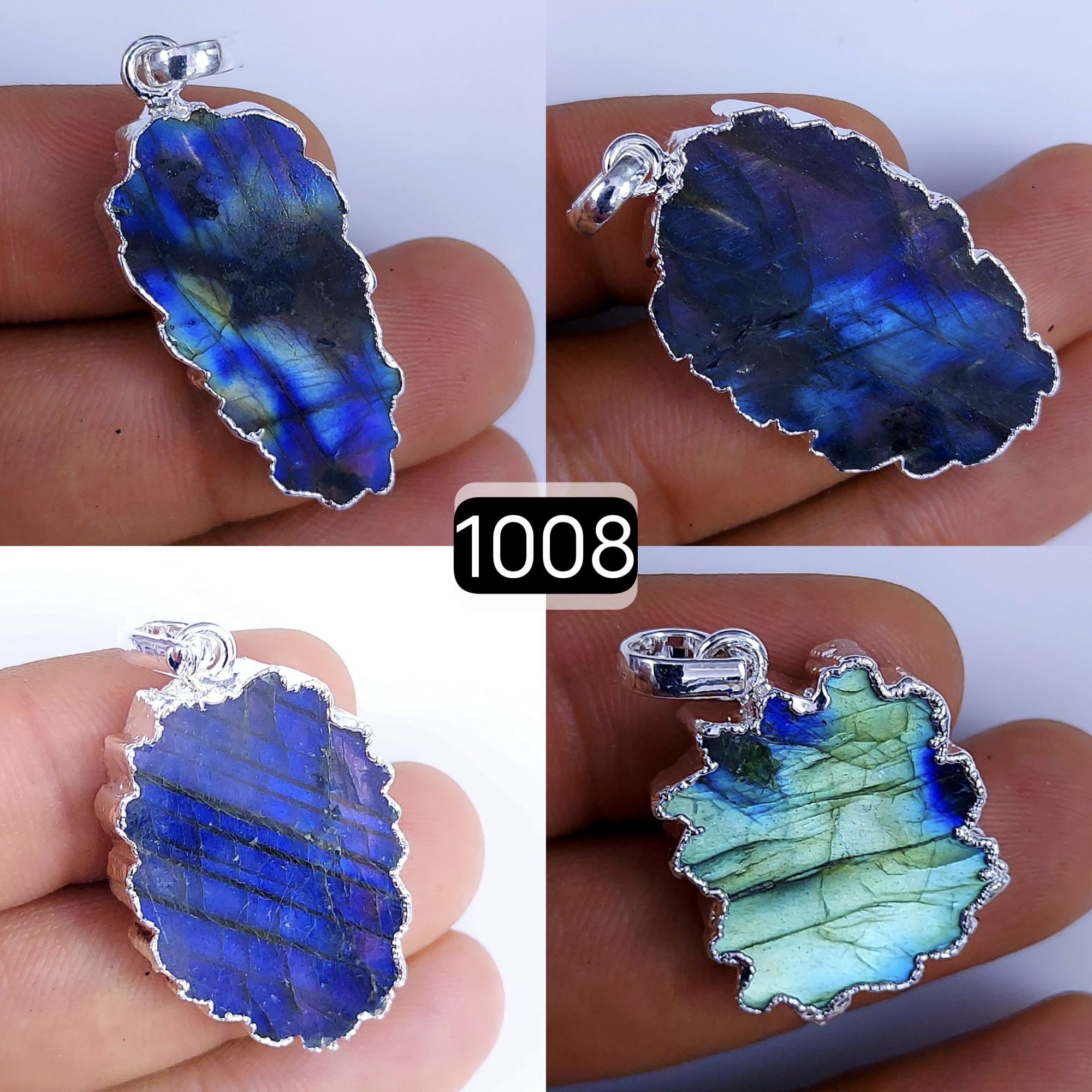 147Cts Natural Blue Labradorite Silver Electroplated Slice Pendant 32x18 22x12mm#1008