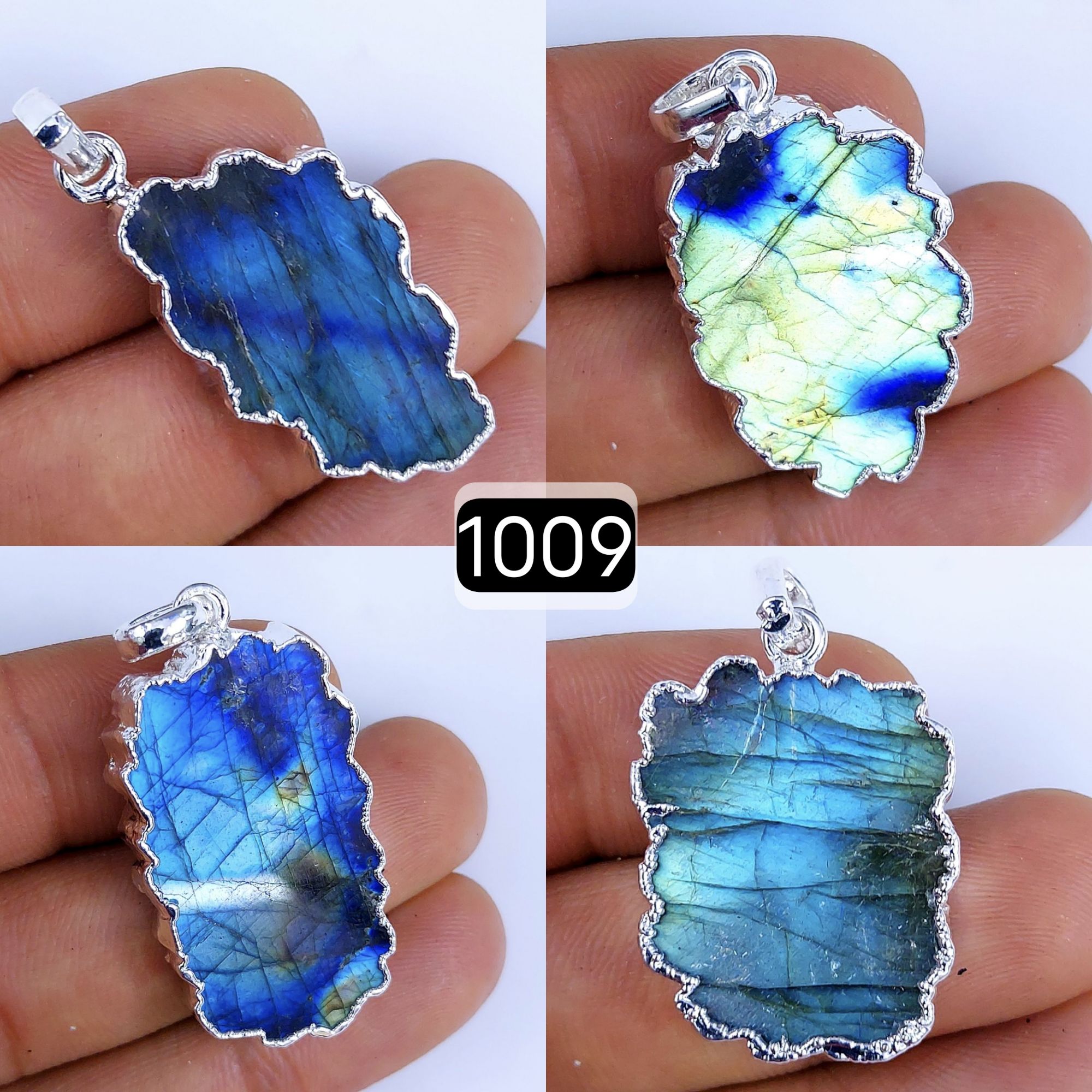 162Cts Natural Blue Labradorite Silver Electroplated Slice Pendant 32x18 22x12mm#1009