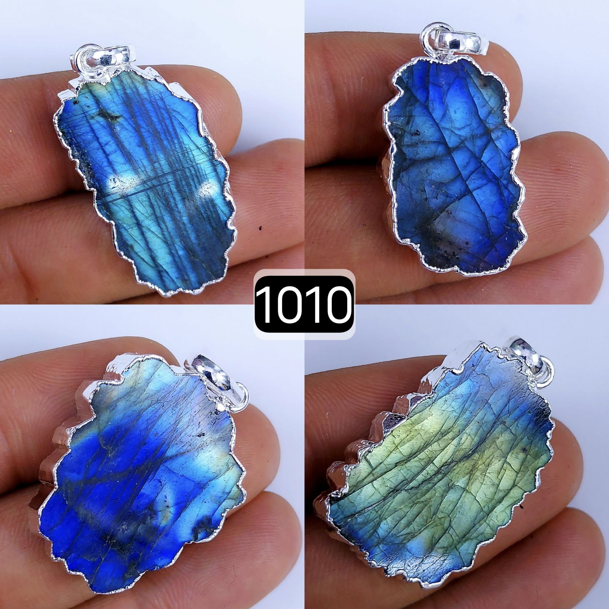 166Cts Natural Blue Labradorite Silver Electroplated Slice Pendant 32x18 22x12mm#1010