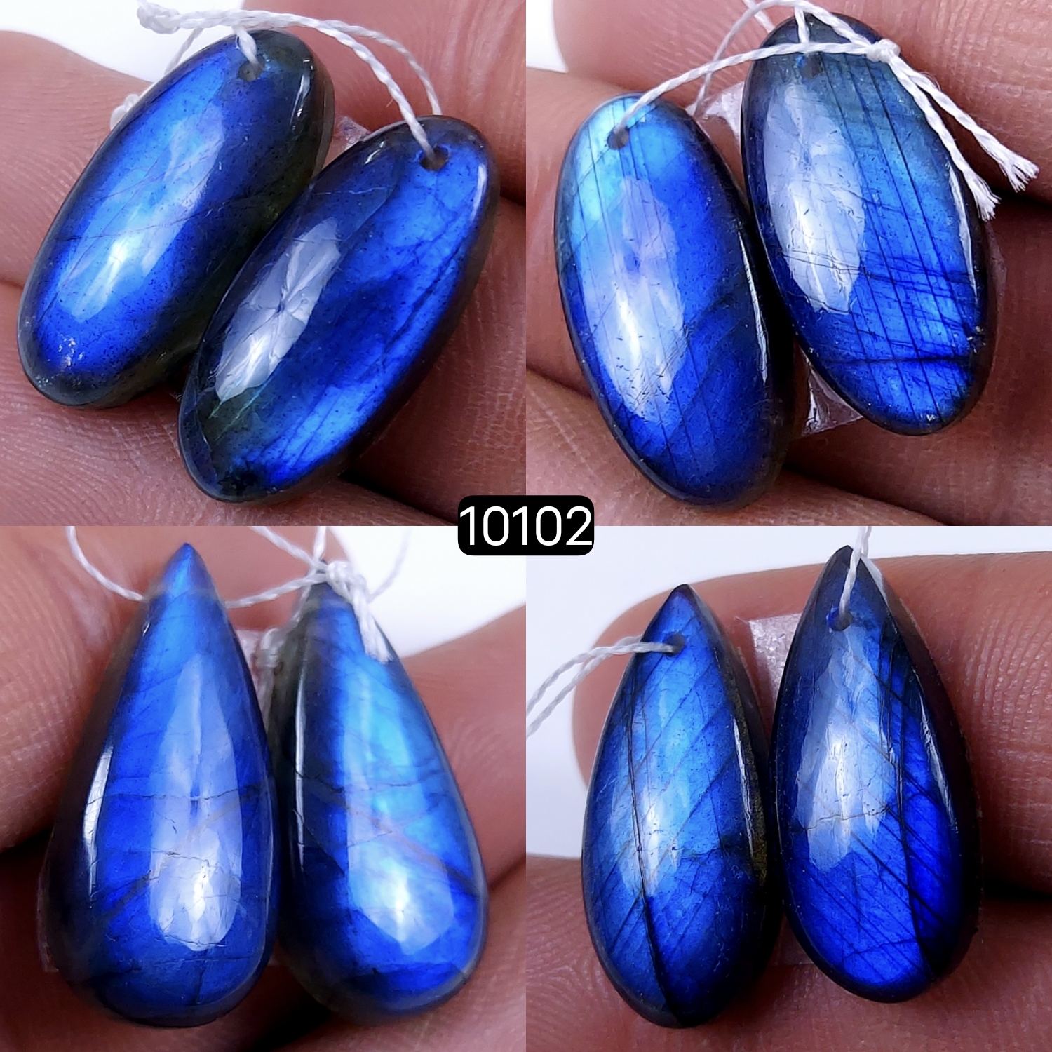 4Pair 92Cts Natural Labradorite Blue Fire  Dangle Drop Earrings Semi Precious Crystal For Hoop Earrings Blue Gemstone Cabochon Matching pair 25x11 22x10mm #10102