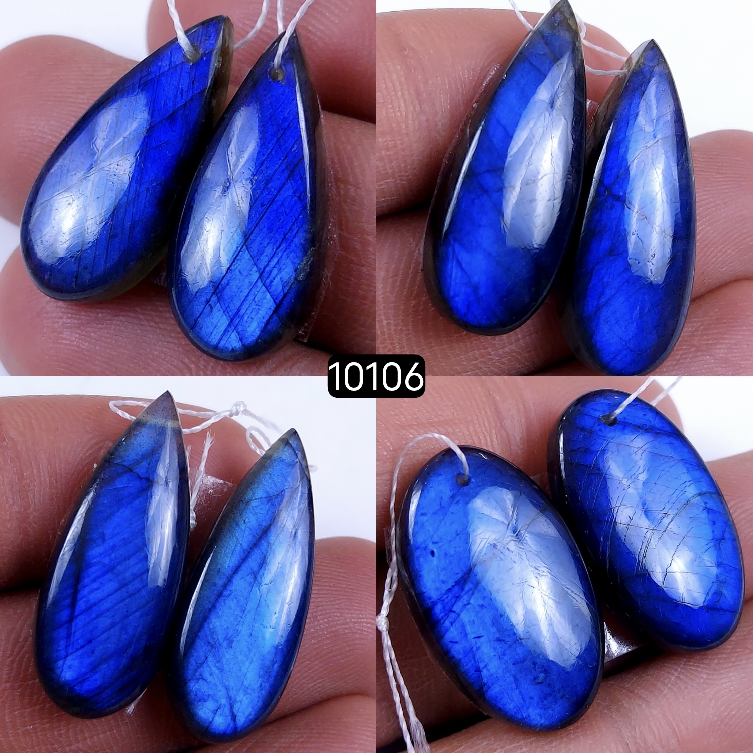 4Pair 124Cts Natural Labradorite Blue Fire  Dangle Drop Earrings Semi Precious Crystal For Hoop Earrings Blue Gemstone Cabochon Matching pair 28x12 25x10mm #10106